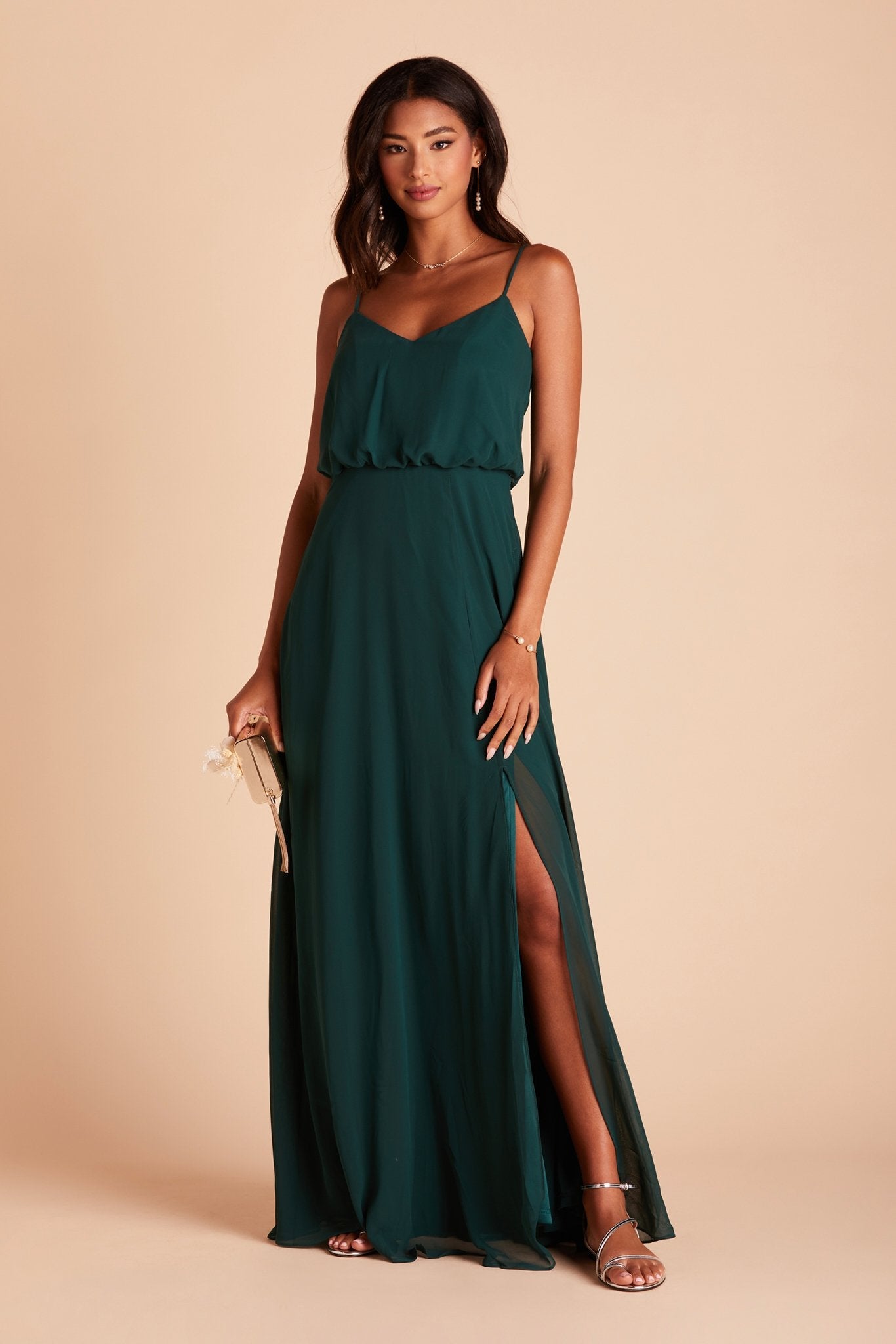 Gwennie bridesmaid dress with slit in emerald green chiffon by Birdy Grey, front view