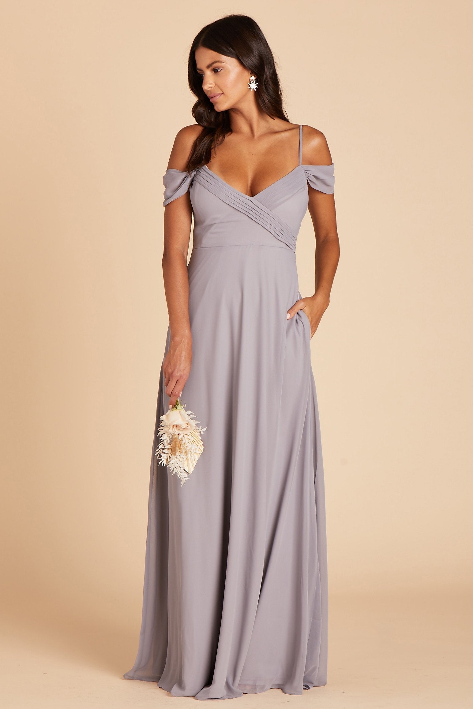 Spence convertible bridesmaids dress in silver chiffon by Birdy Grey, front view with hand in pocket