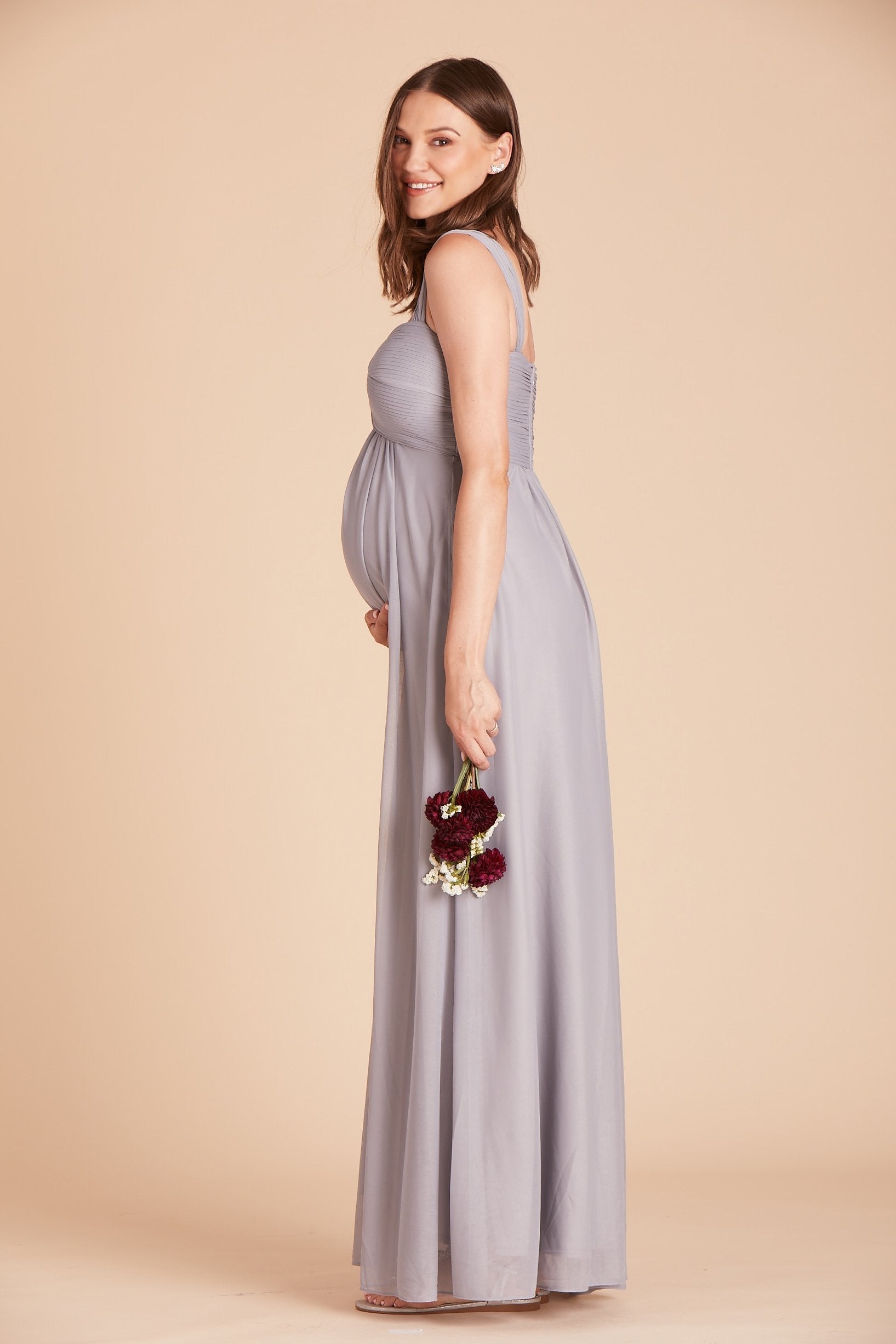 Maria convertible bridesmaids dress in silver mesh by Birdy Grey, side view