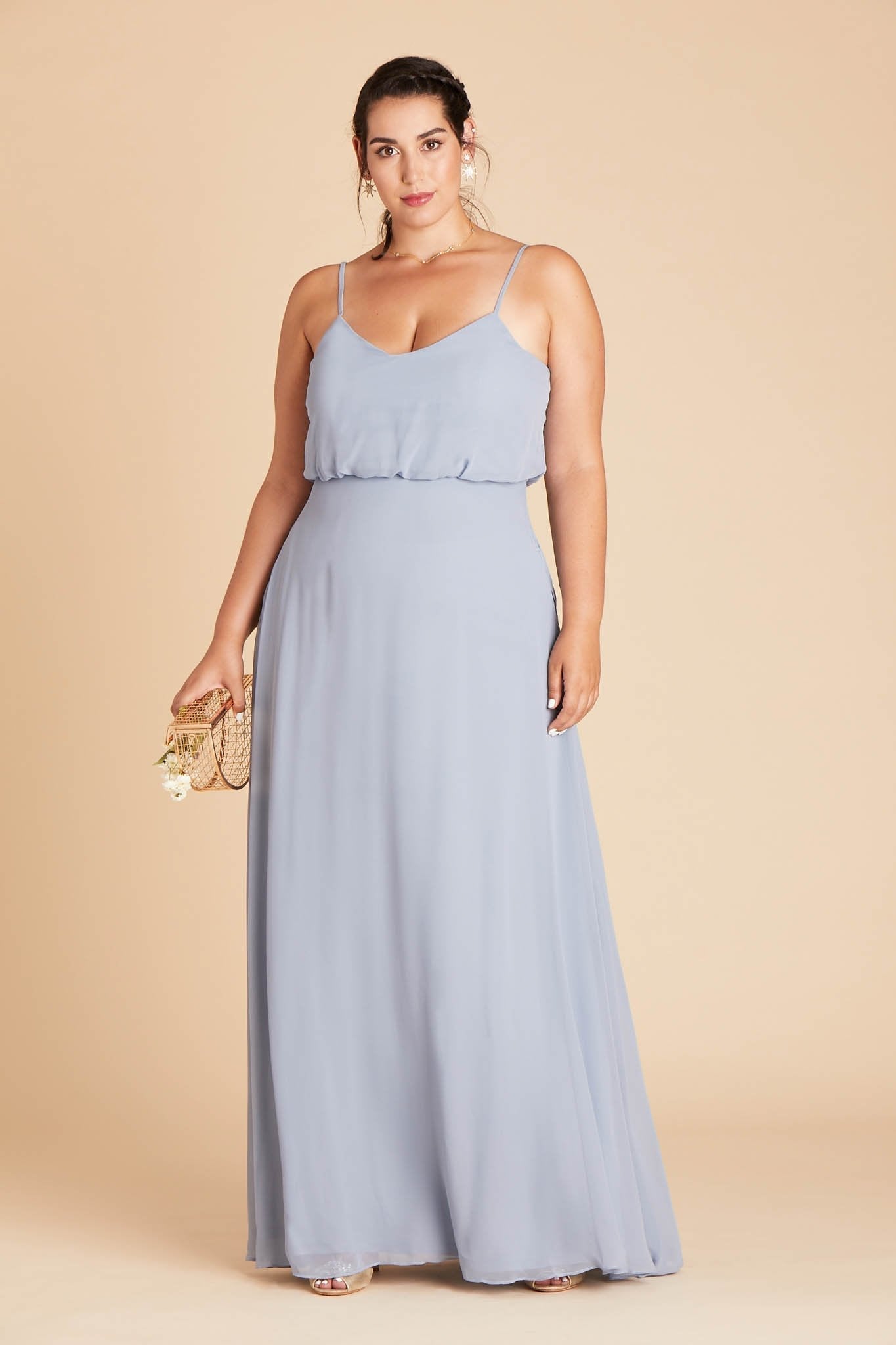 Gwennie plus size bridesmaid dress in dusty blue chiffon by Birdy Grey, front view