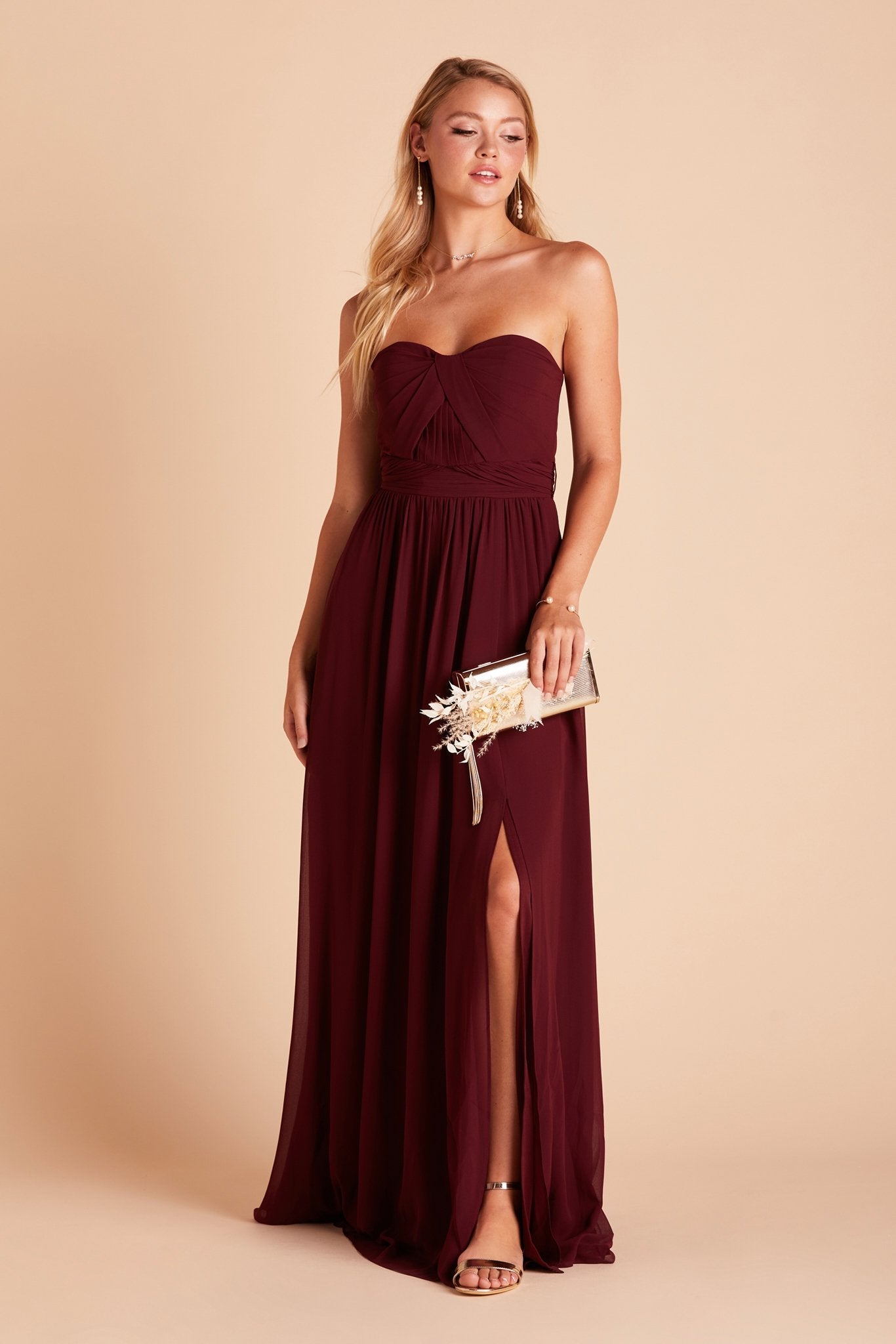 Grace convertible bridesmaid dress with slit in cabernet burgundy chiffon by Birdy Grey, front view