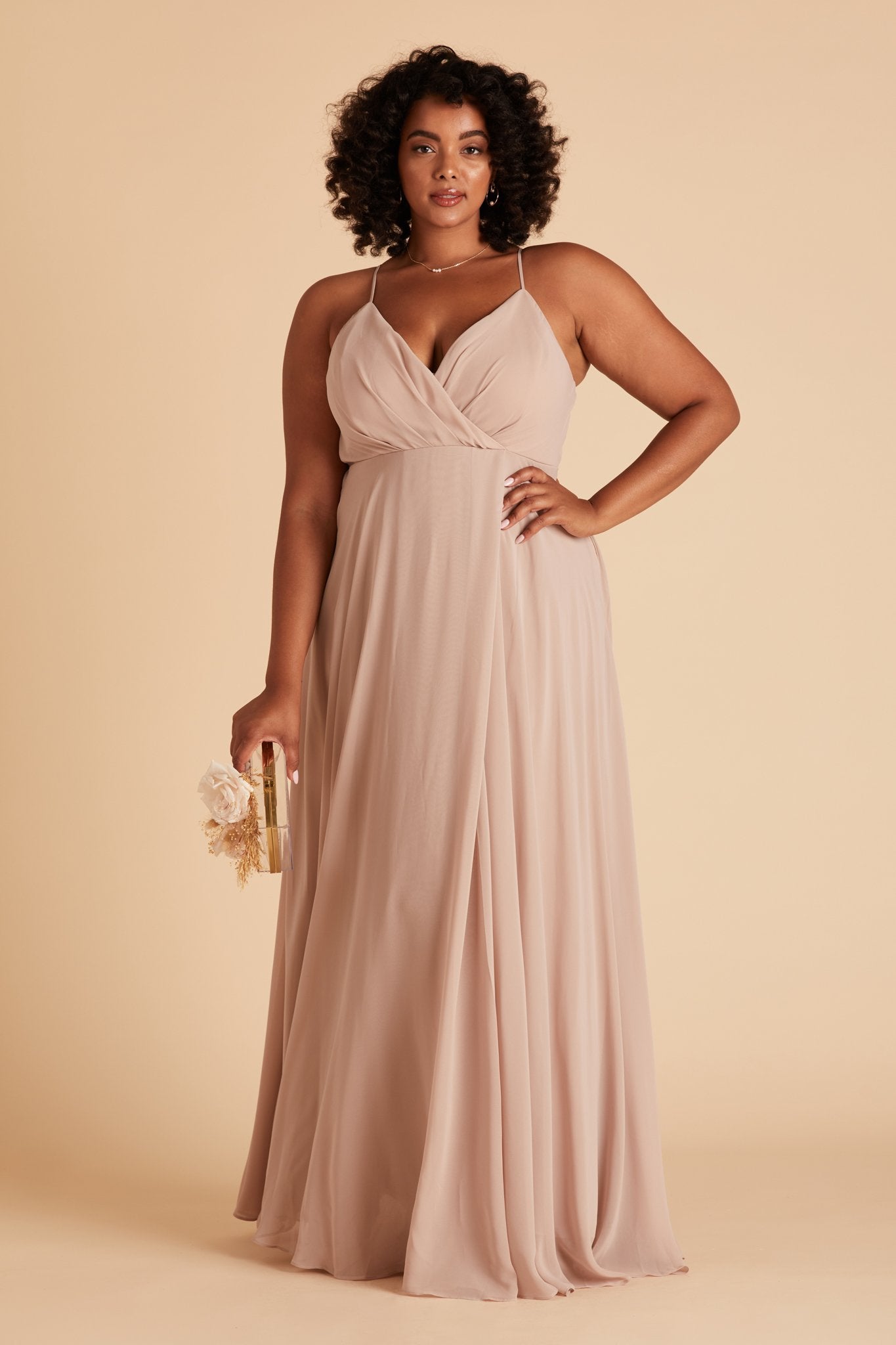 Kaia plus size bridesmaids dress in taupe chiffon by Birdy Grey, front view