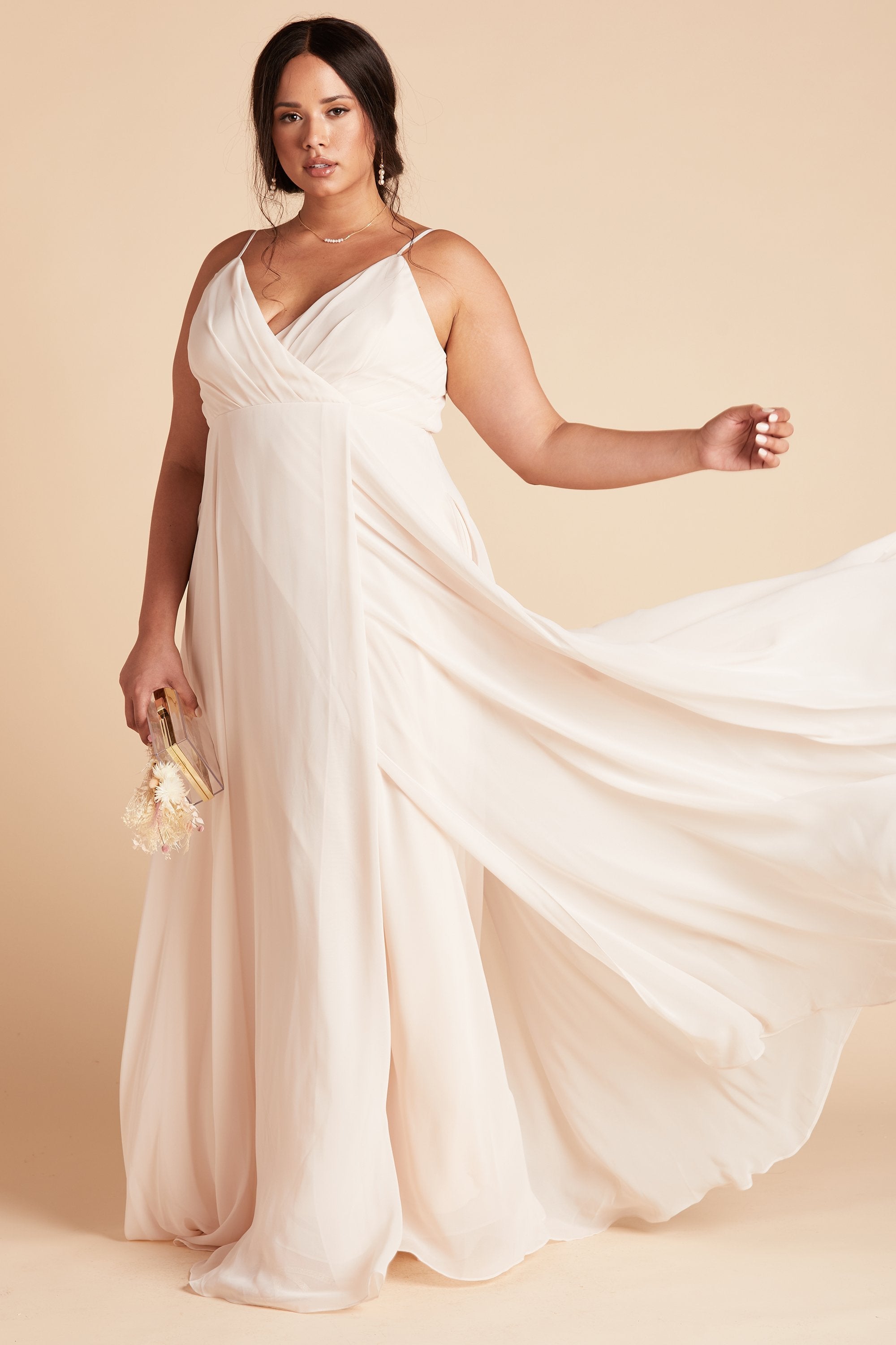 Kaia plus size bridesmaids dress in champagne chiffon by Birdy Grey, front view