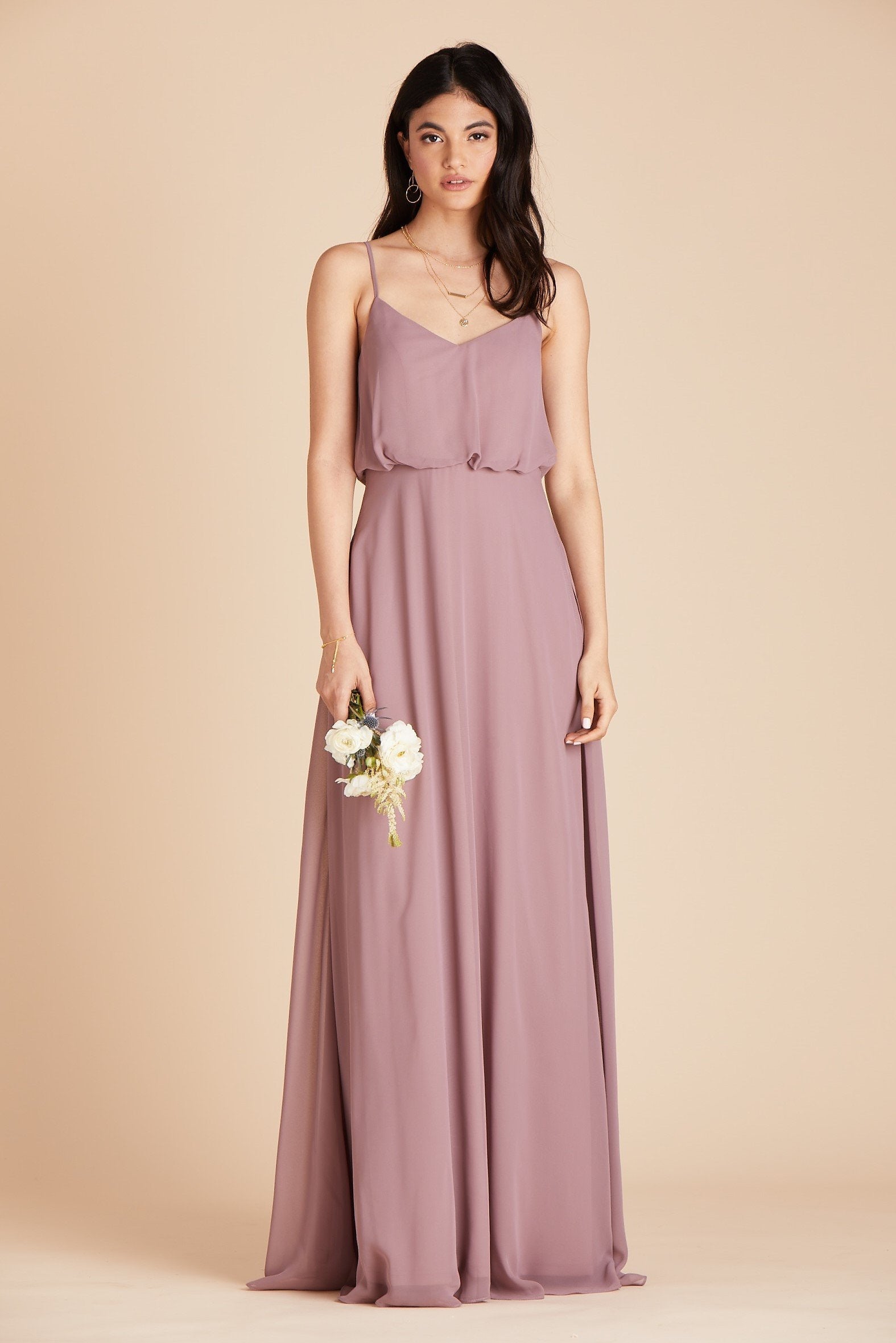 Gwennie bridesmaid dress with slit in dark mauve chiffon by Birdy Grey, front view