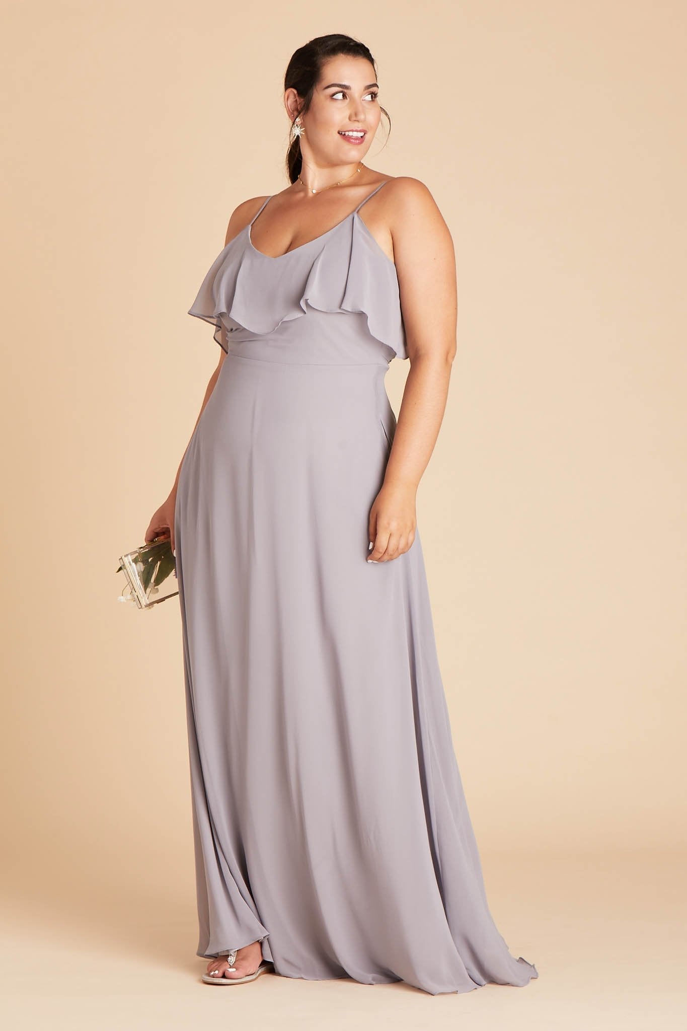 Jane convertible plus size bridesmaid dress in silver chiffon by Birdy Grey, front view