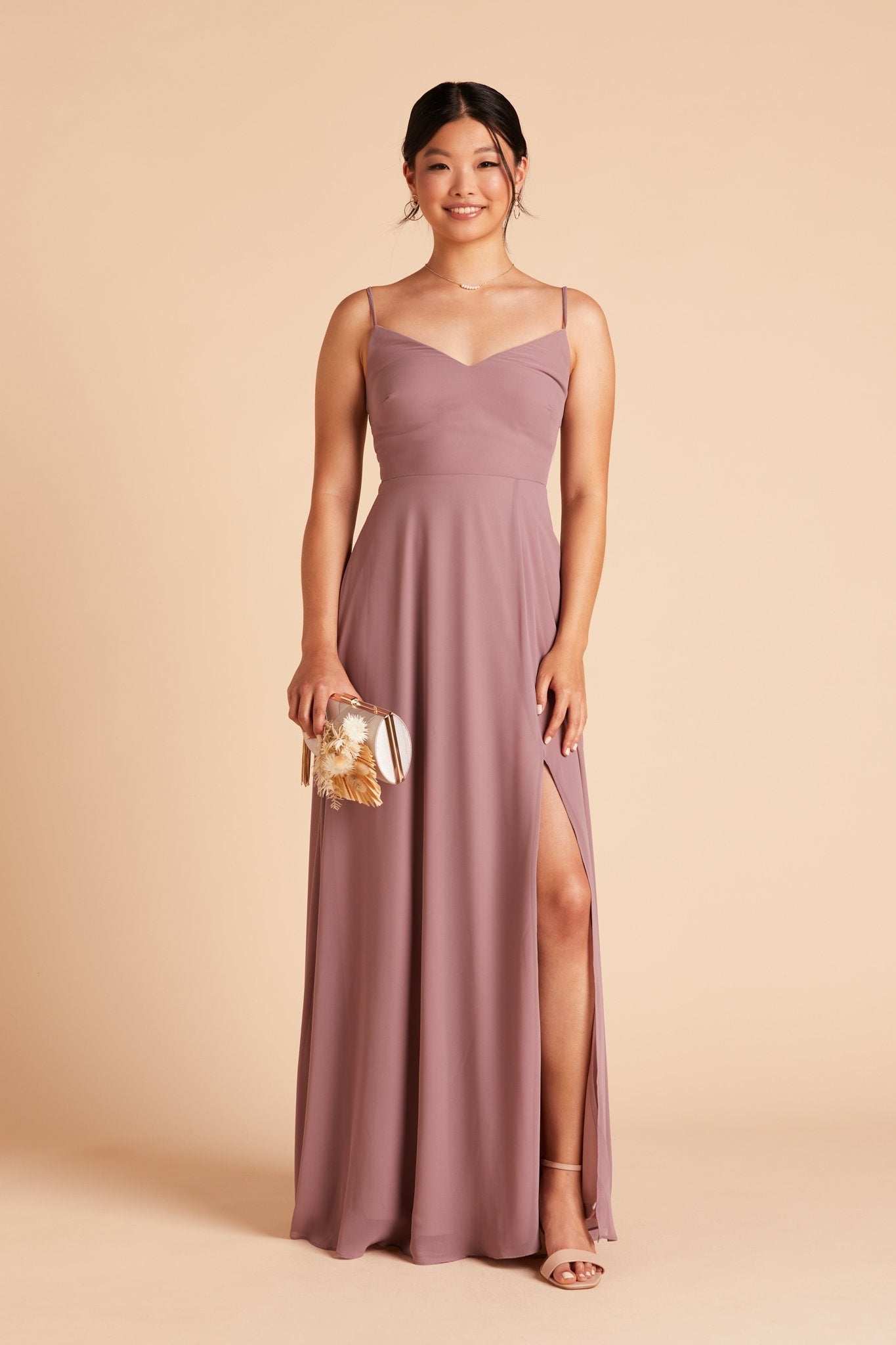 Devin convertible bridesmaid dress with slit in dark mauve chiffon by Birdy Grey, front view