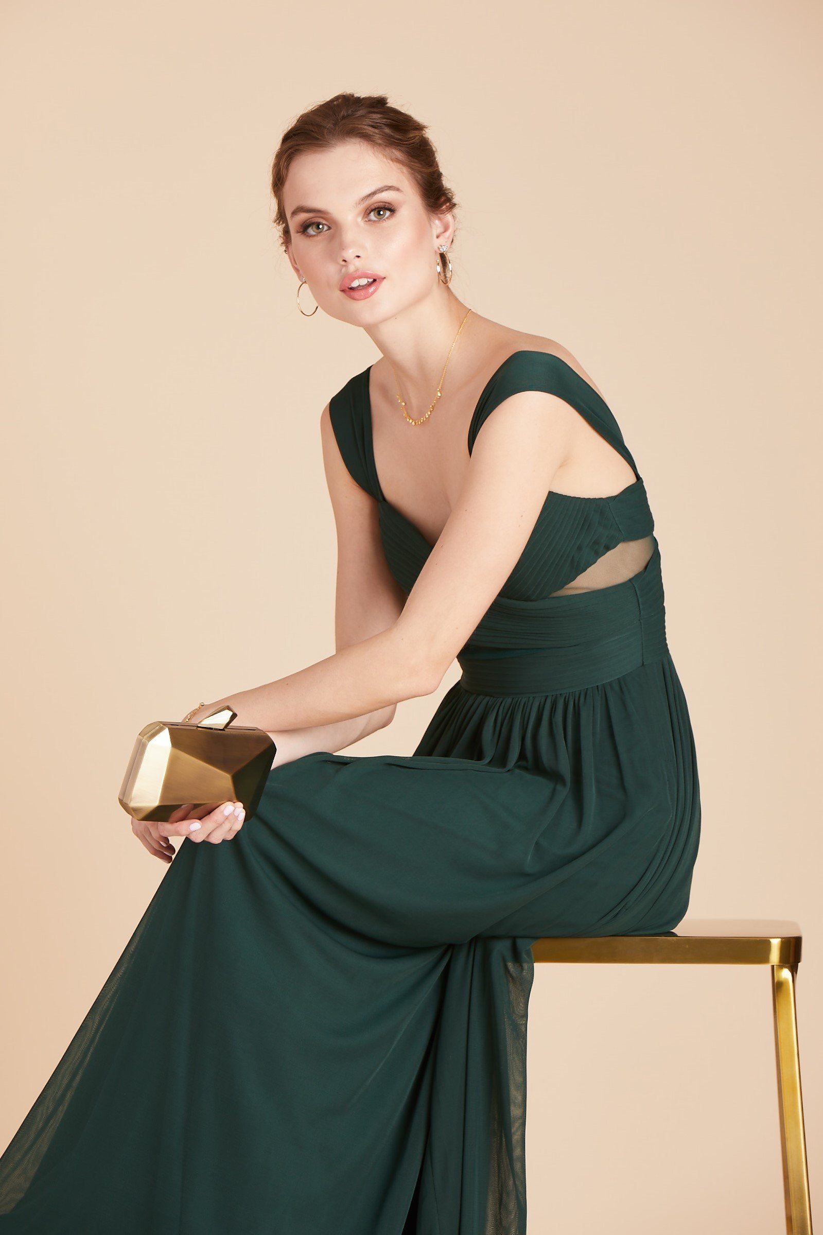 Elsye bridesmaid dress in emerald green chiffon by Birdy Grey, front view