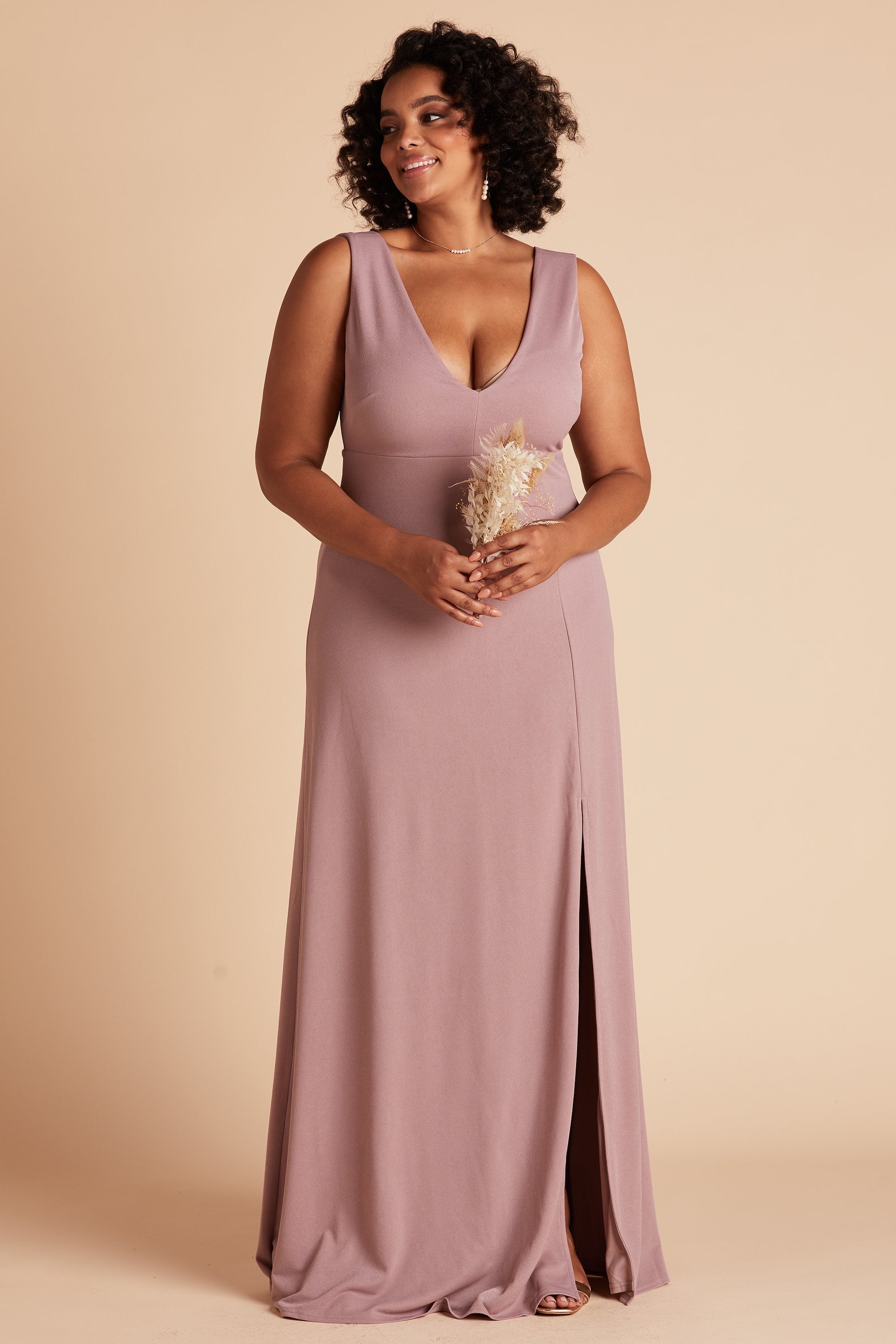 Shamin plus size bridesmaid dress with slit in dark mauve crepe by Birdy Grey, front view