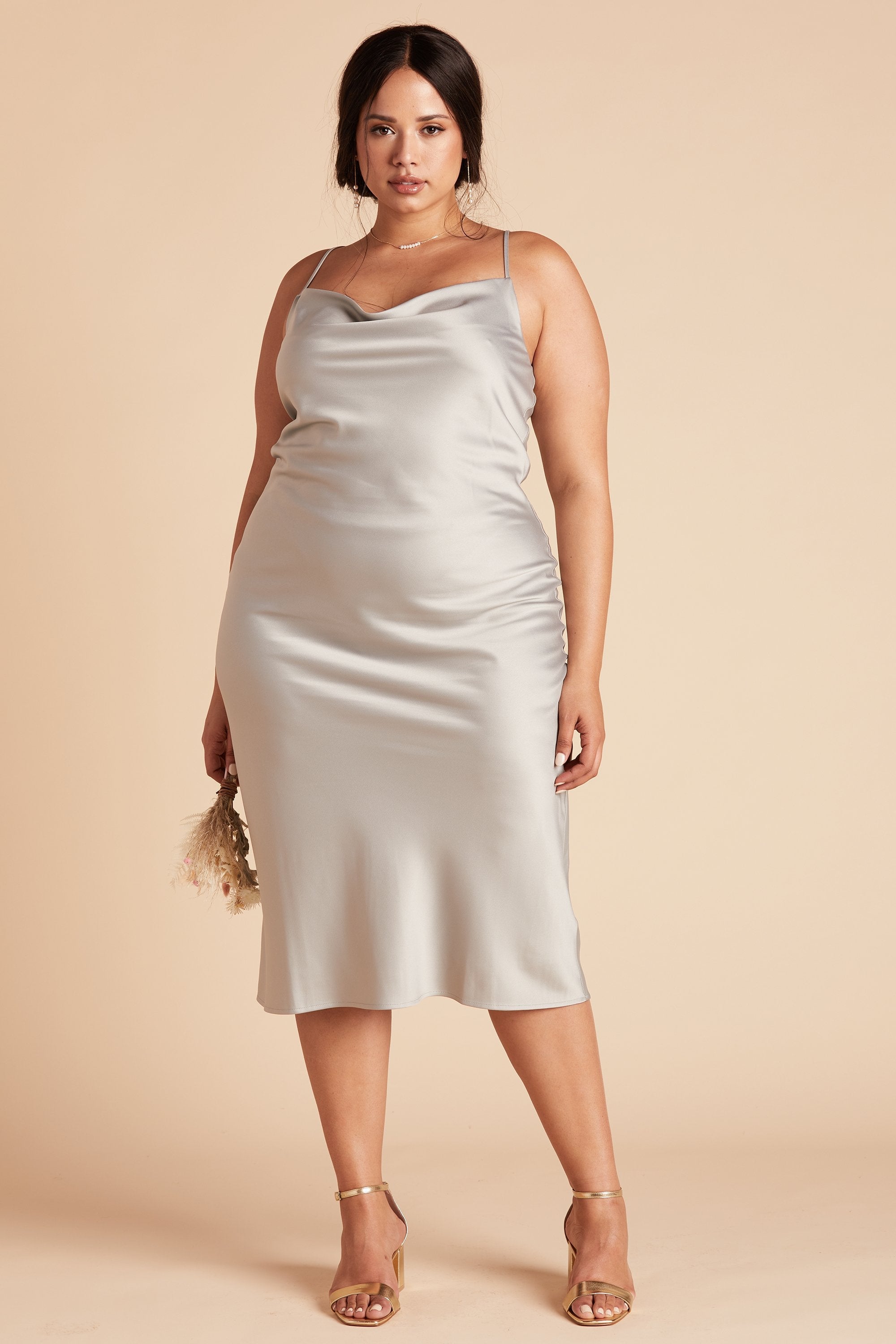 Lista plus size midi dress in pewter satin by Birdy Grey, front view