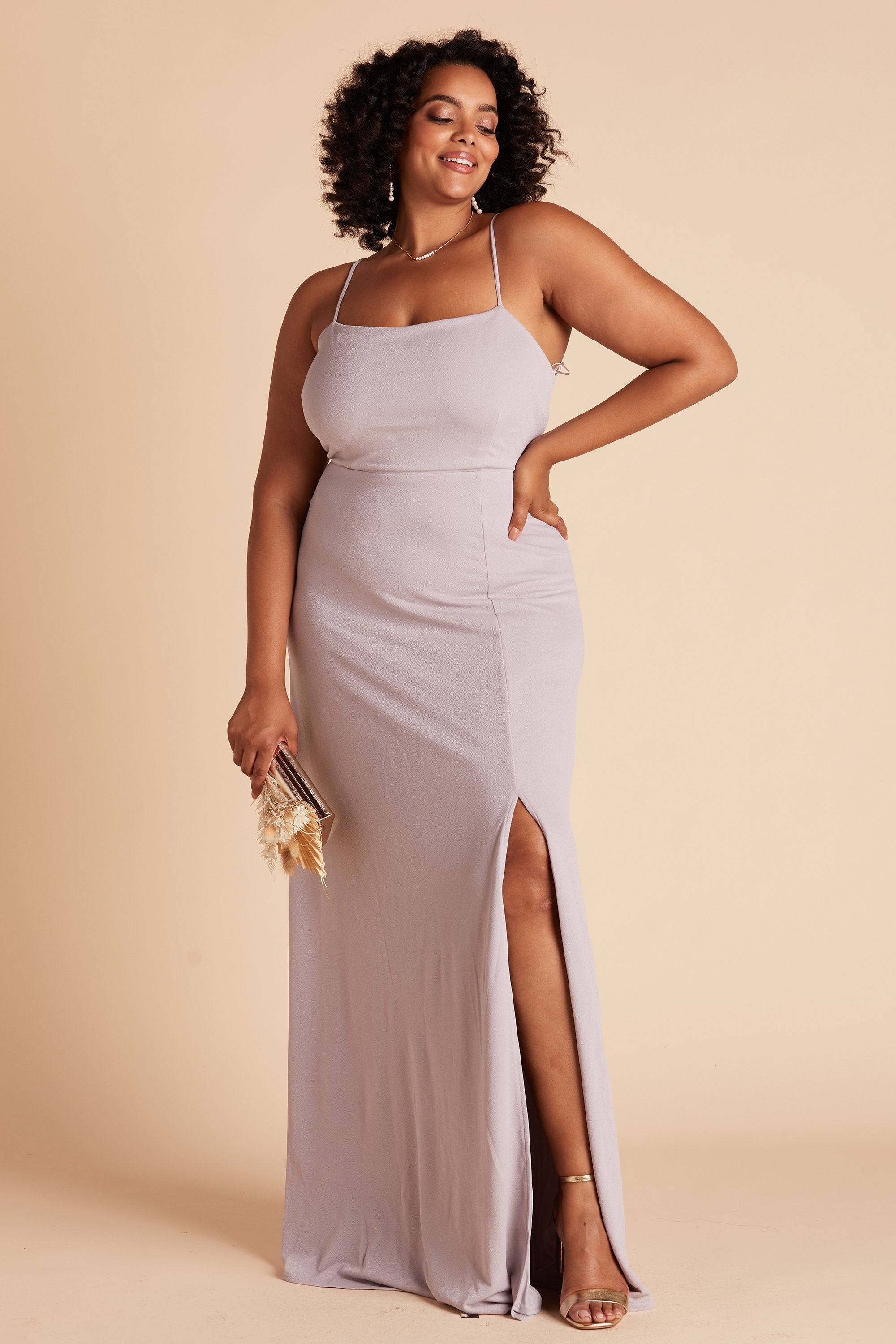 Benny plus size bridesmaid dress with slit in lilac purple crepe by Birdy Grey, front view