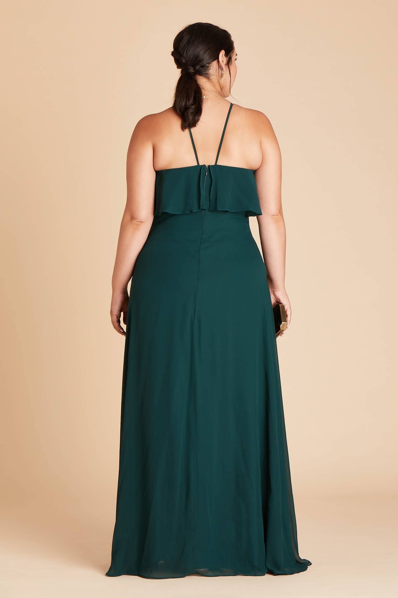 Jules convertible plus size bridesmaid dress in emerald green chiffon by Birdy Grey, back view