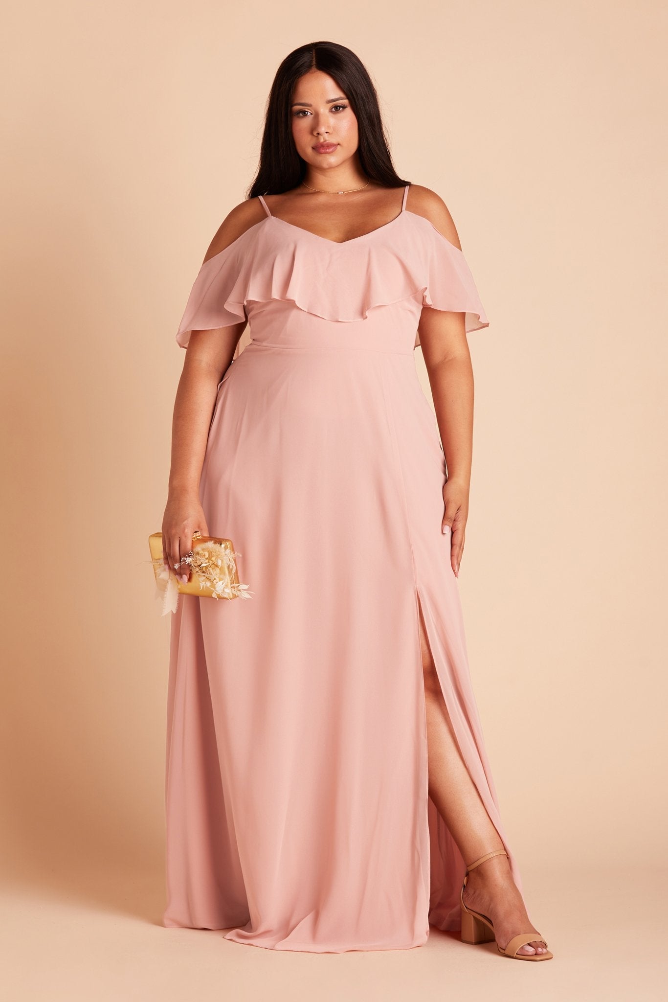 Jane convertible plus size bridesmaid dress with slit in dusty rose chiffon by Birdy Grey, front view