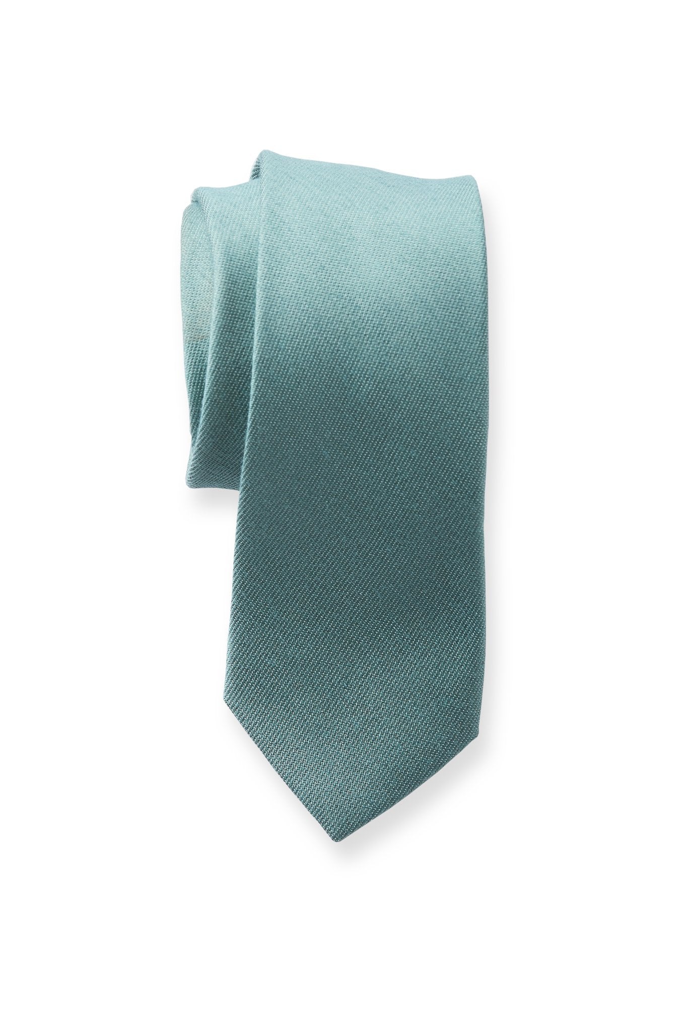 Front close up view of the Simon Necktie in sea glass rolled up with the pointed necktie end extended showing the material texture and sheen.