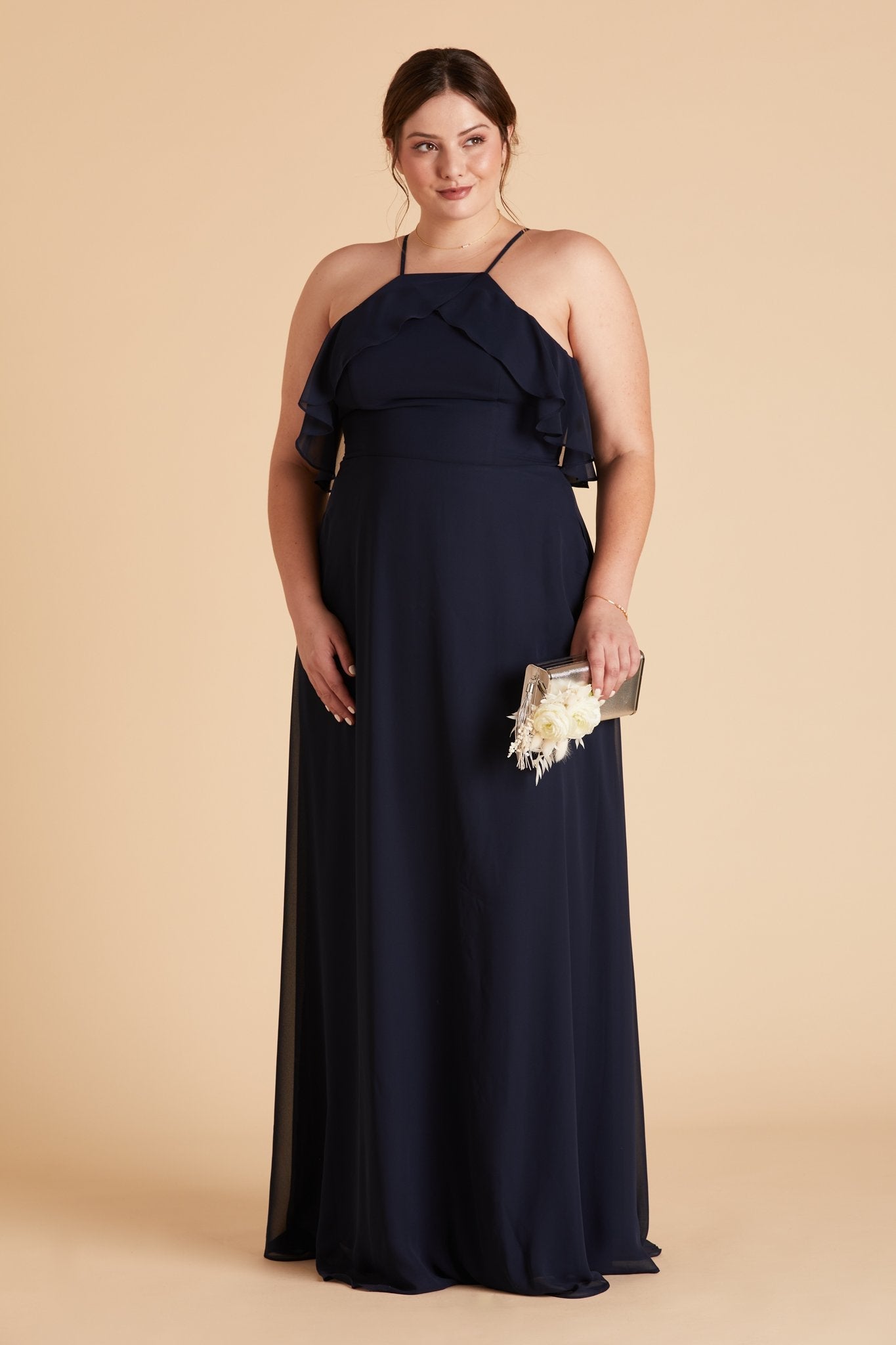 Jules plus size bridesmaid dress in navy blue chiffon by Birdy Grey, front view