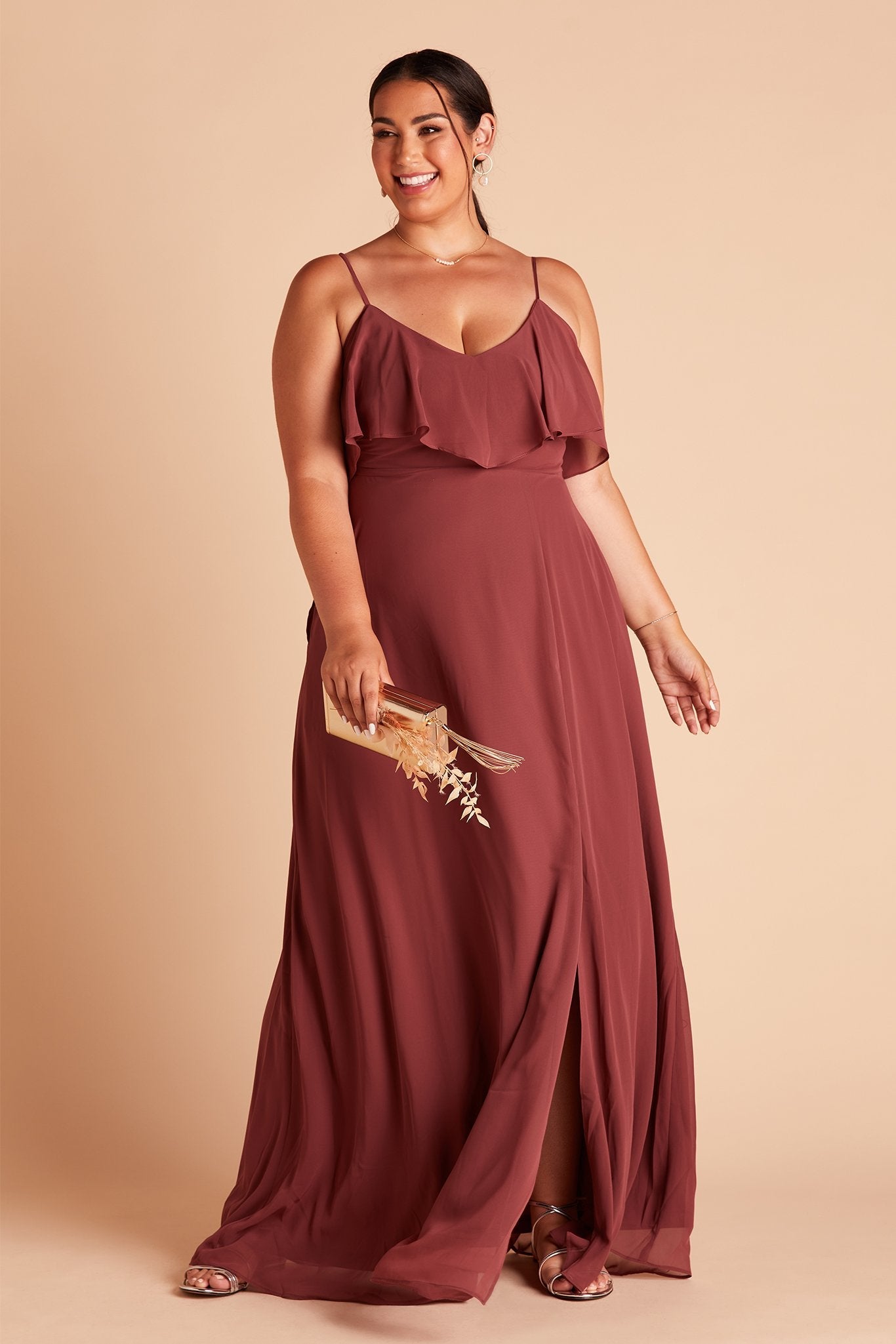 Jane convertible plus size bridesmaid dress with slit in rosewood chiffon by Birdy Grey, front view