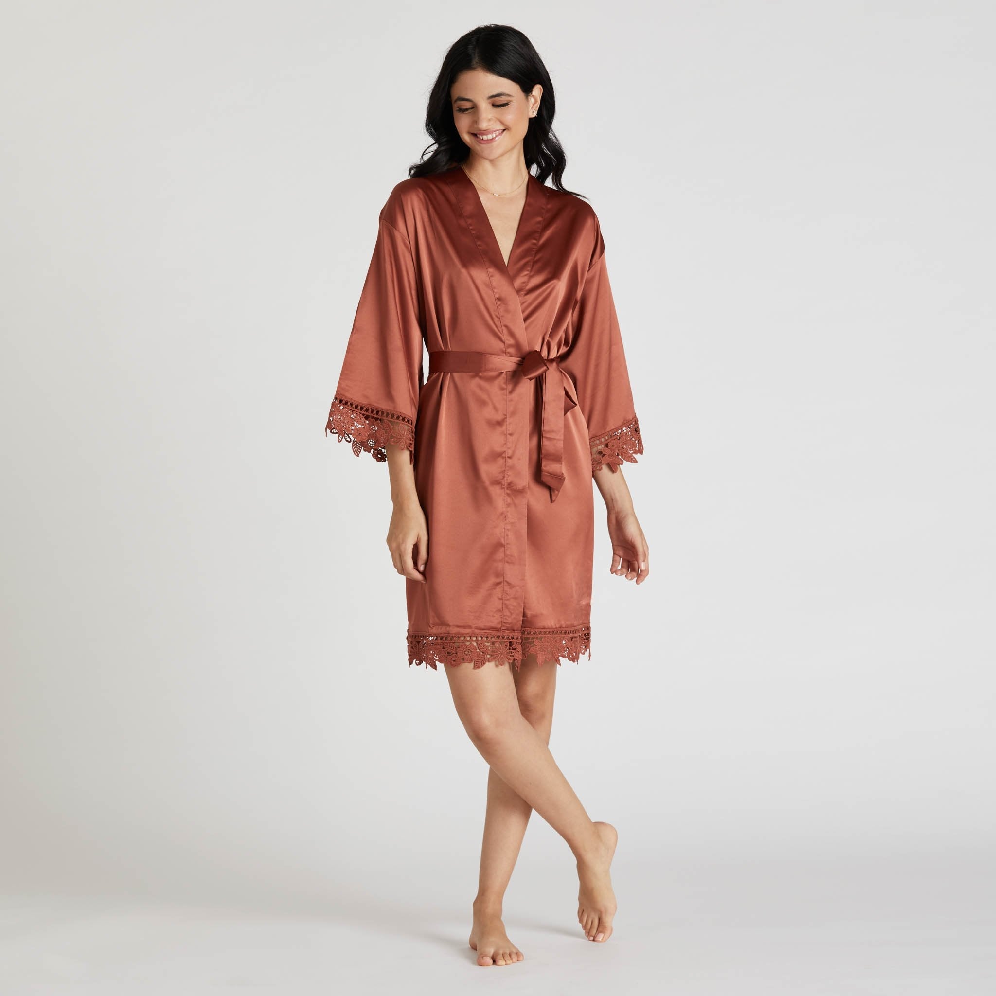 Satin Lace Robe in rust by Birdy Grey, front view