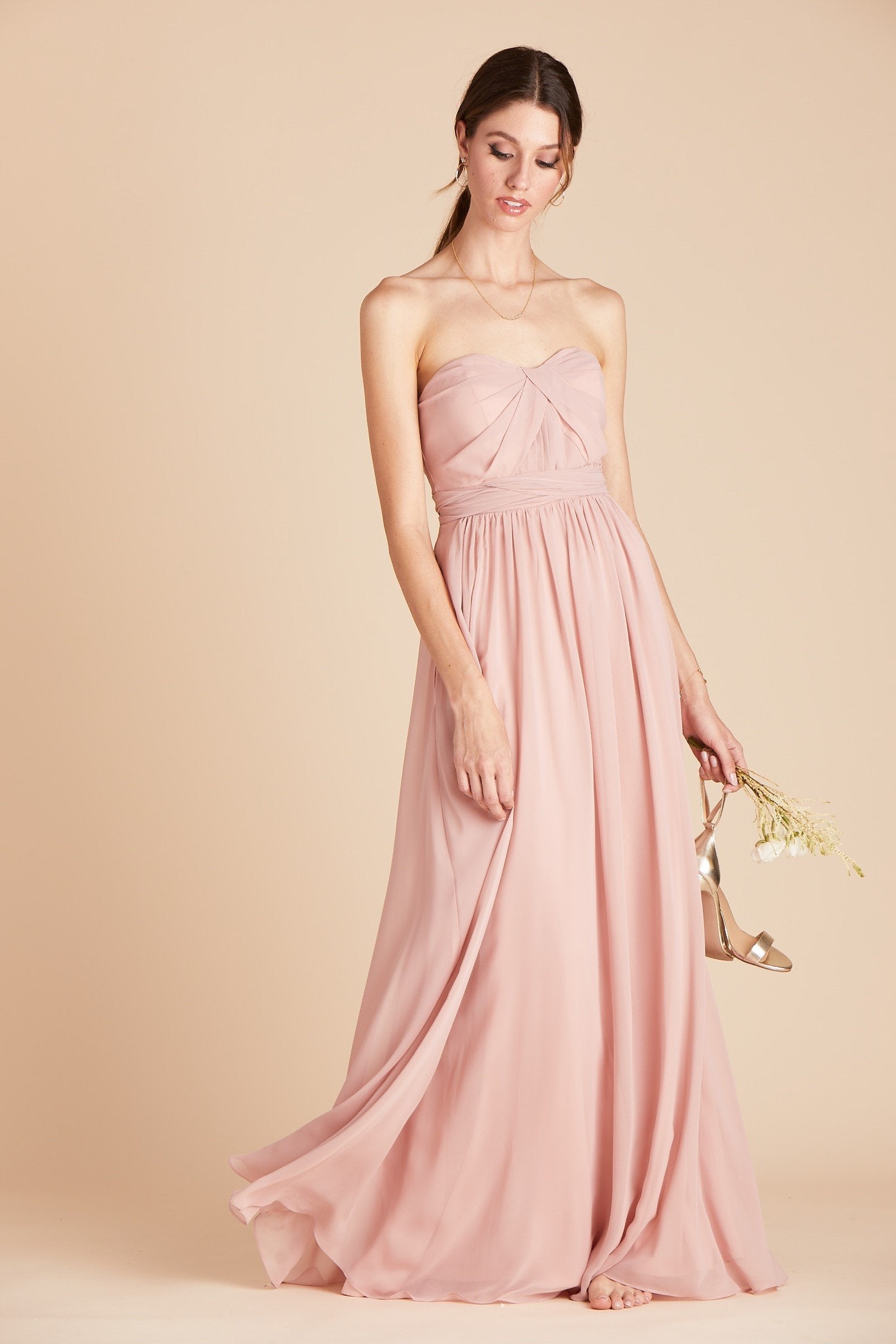 Grace convertible bridesmaid dress in rose quartz pink chiffon by Birdy Grey, front view