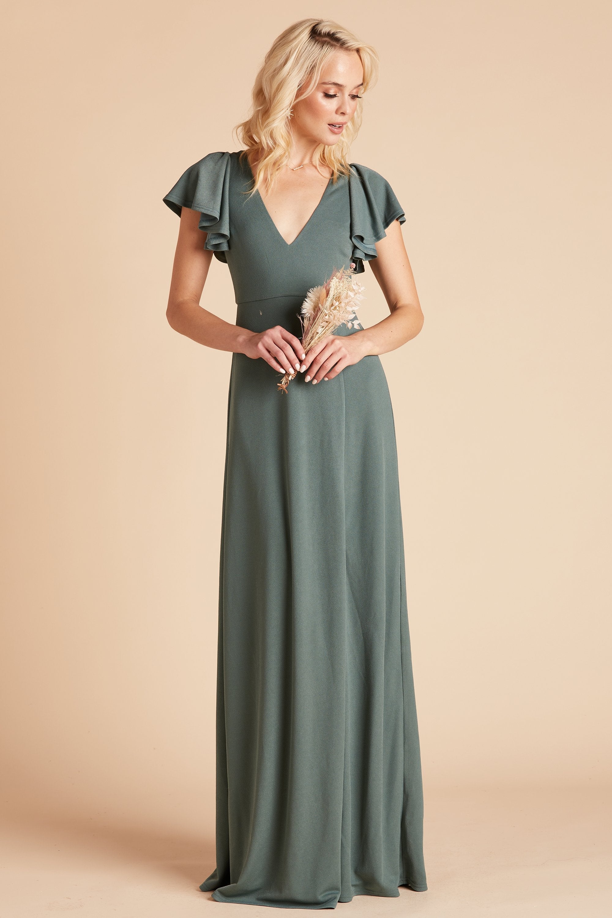 Hannah bridesmaid dress in sea glass crepe by Birdy Grey, front view