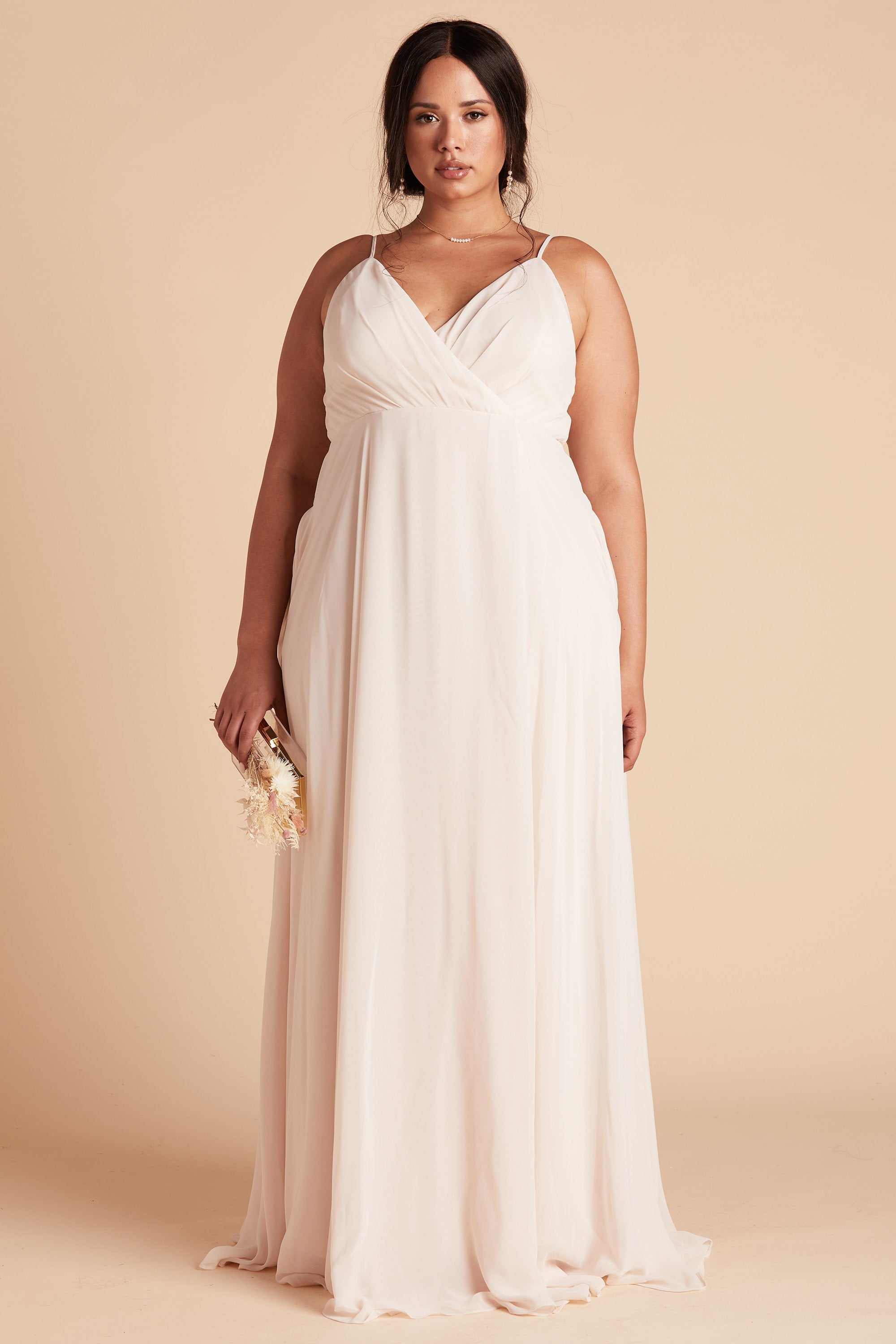 Kaia plus size bridesmaids dress in champagne chiffon by Birdy Grey, front view