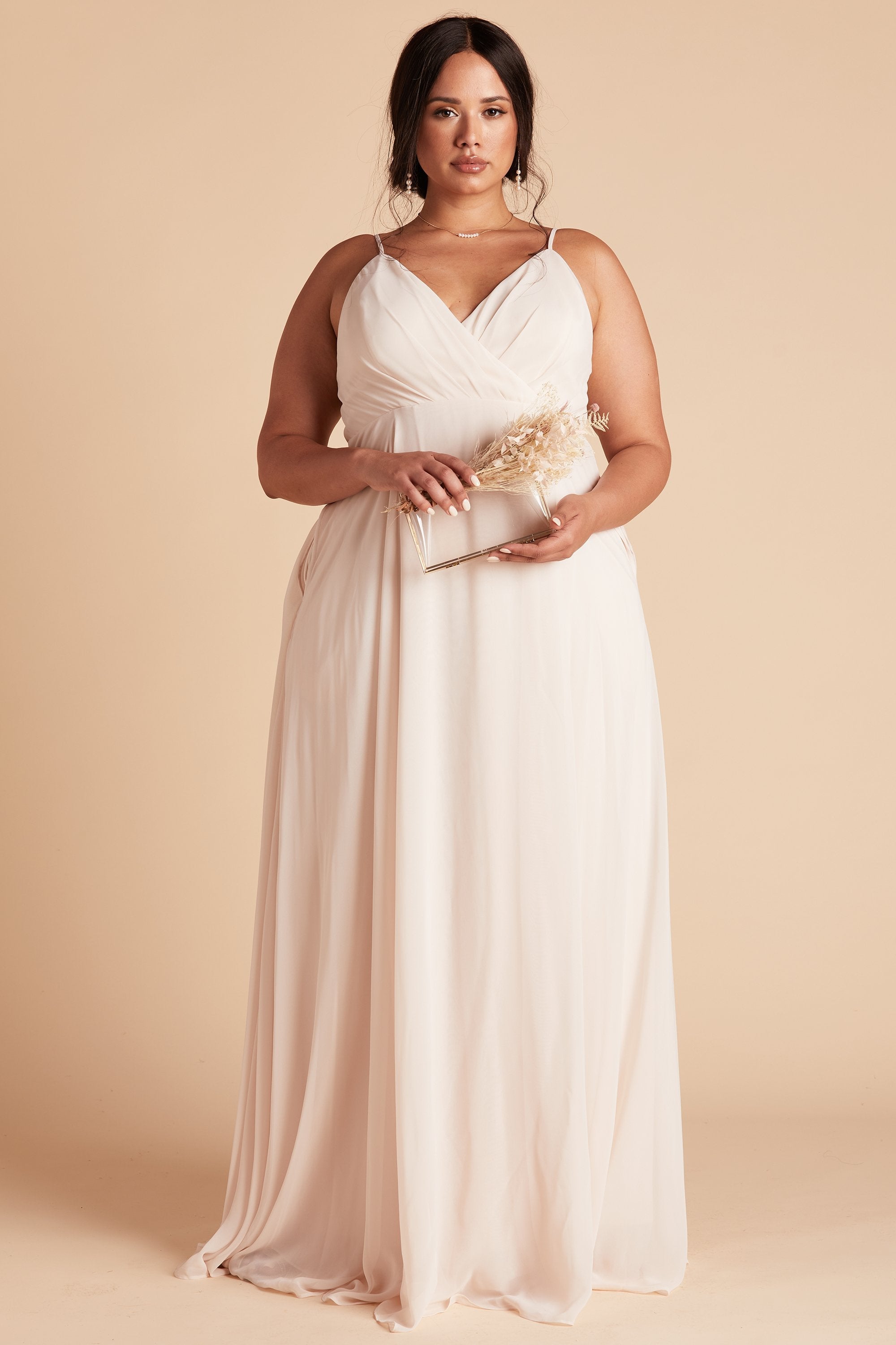 Kaia plus size bridesmaids dress in champagne chiffon by Birdy Grey, front view