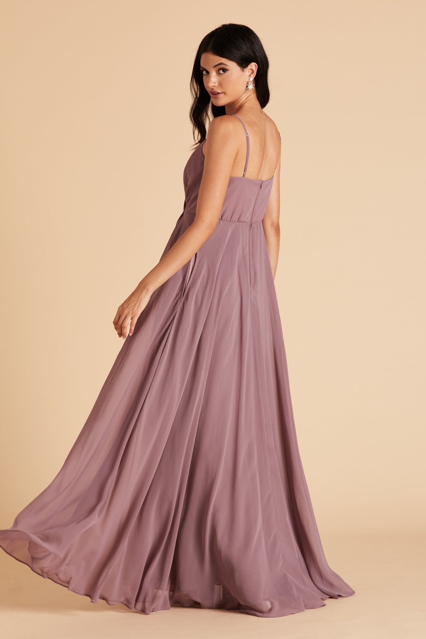 Kaia bridesmaids dress in dark mauve purple chiffon by Birdy Grey, side view