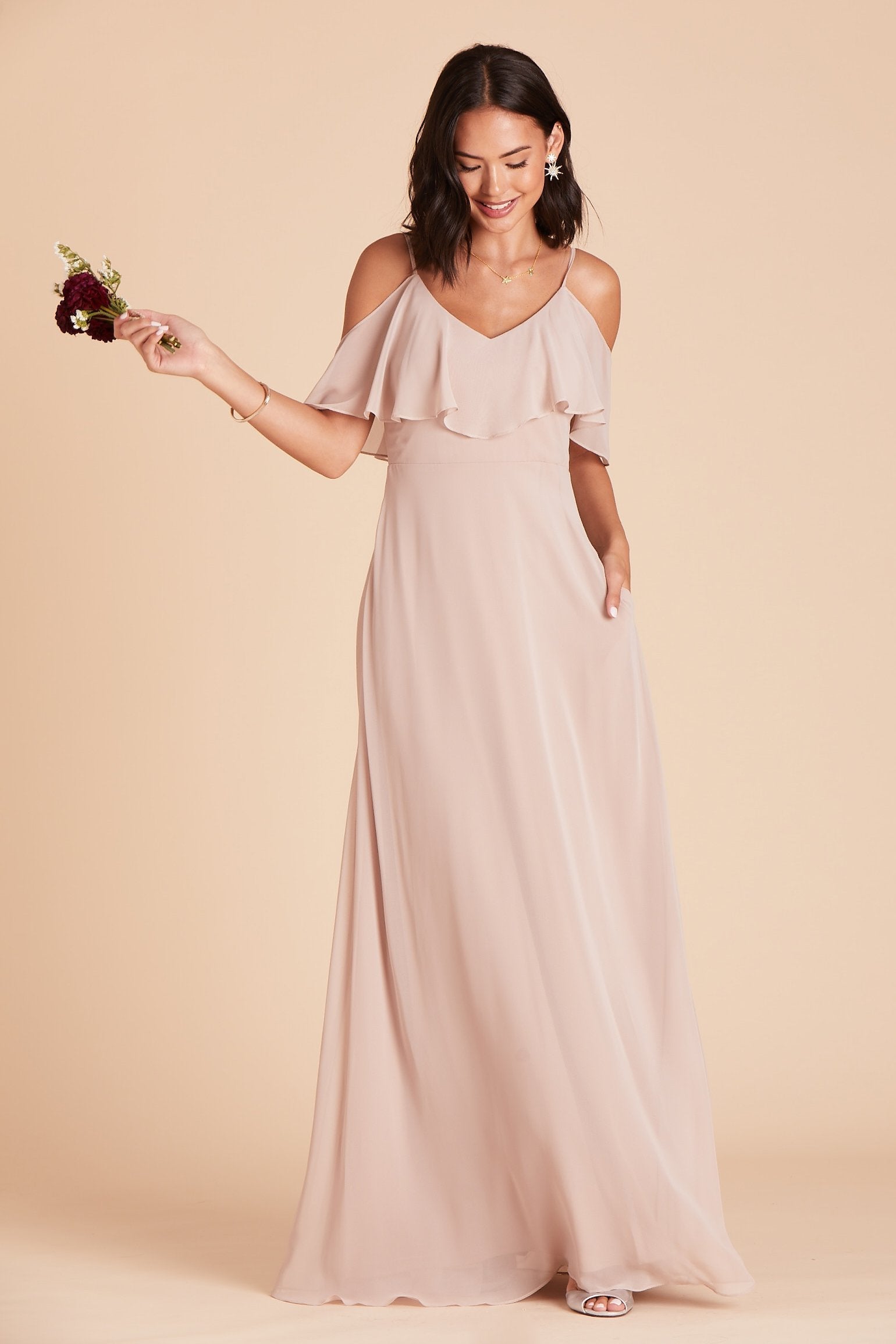 Jane convertible bridesmaid dress in taupe chiffon by Birdy Grey, front view with hand in pocket