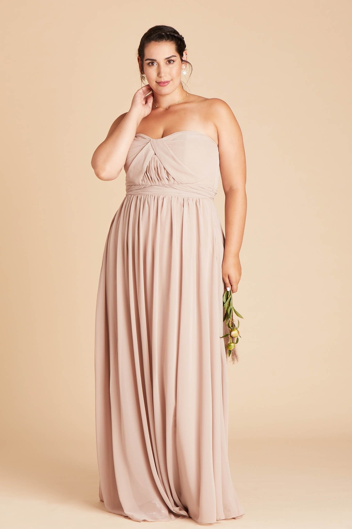 Grace convertible plus size bridesmaid dress in taupe chiffon by Birdy Grey, front view