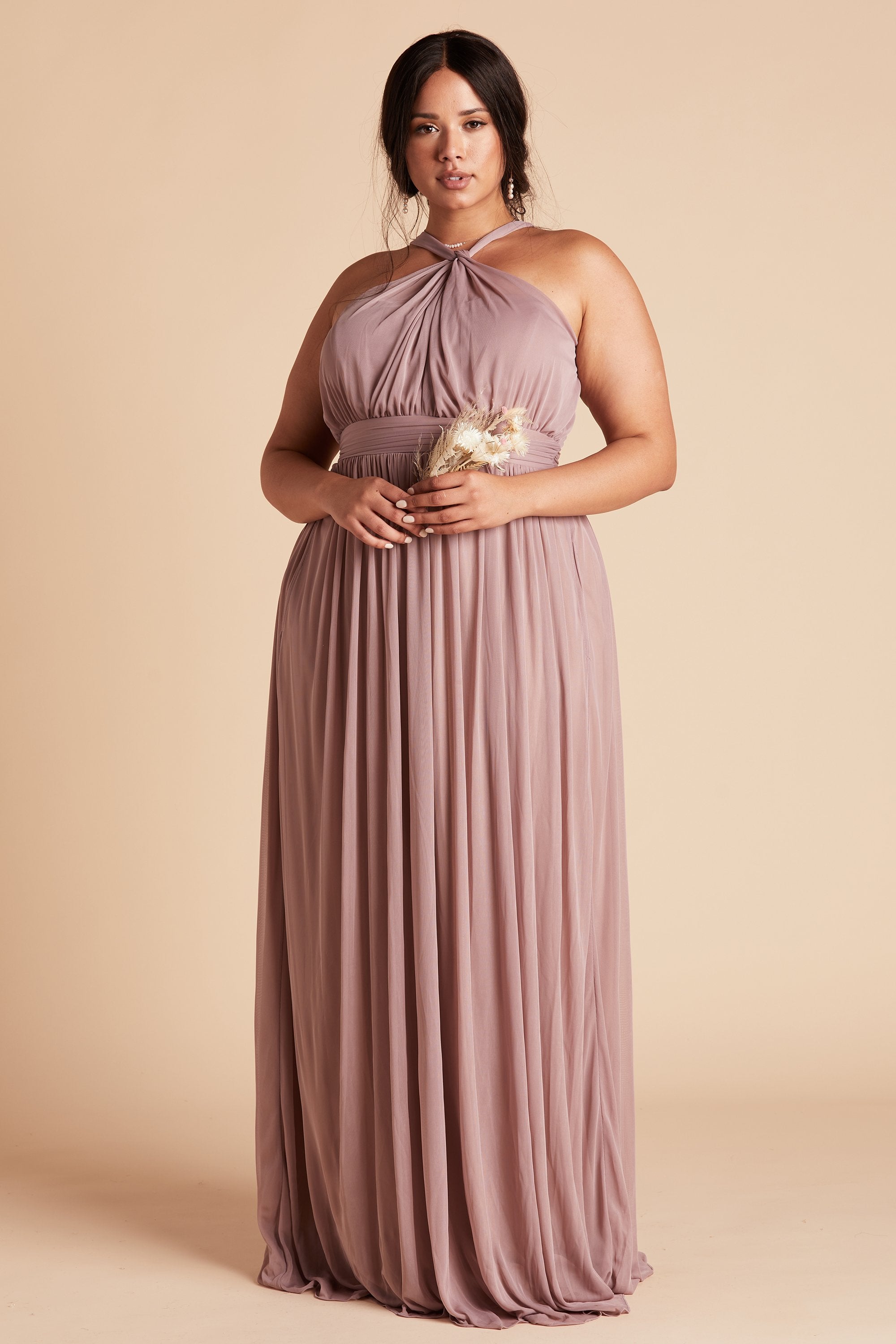 Kiko plus size bridesmaid dress in mauve pink chiffon by Birdy Grey, front view