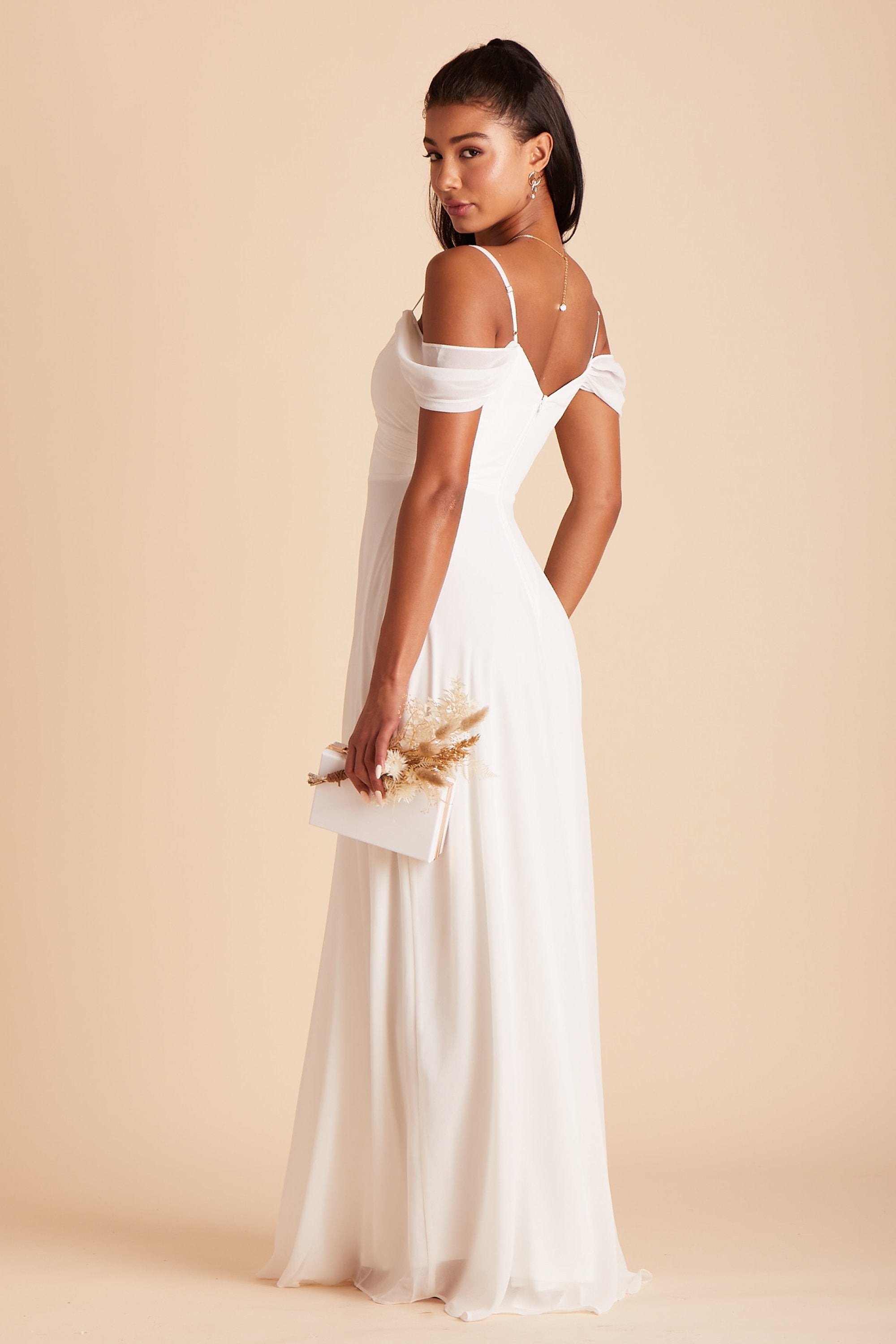 Spence convertible bridesmaids dress in white chiffon by Birdy Grey, side view