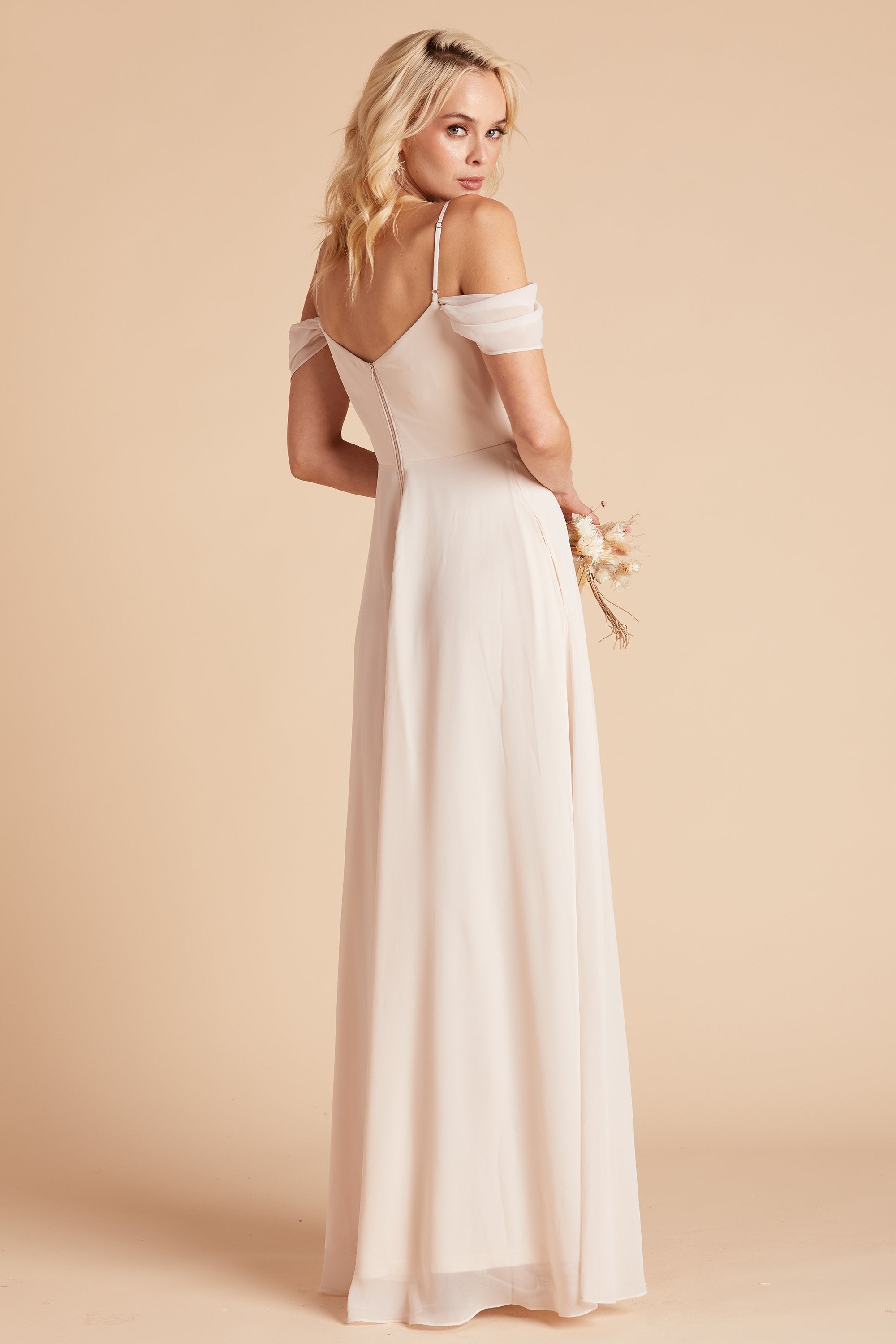 Devin convertible bridesmaids dress in champagne chiffon by Birdy Grey, side view