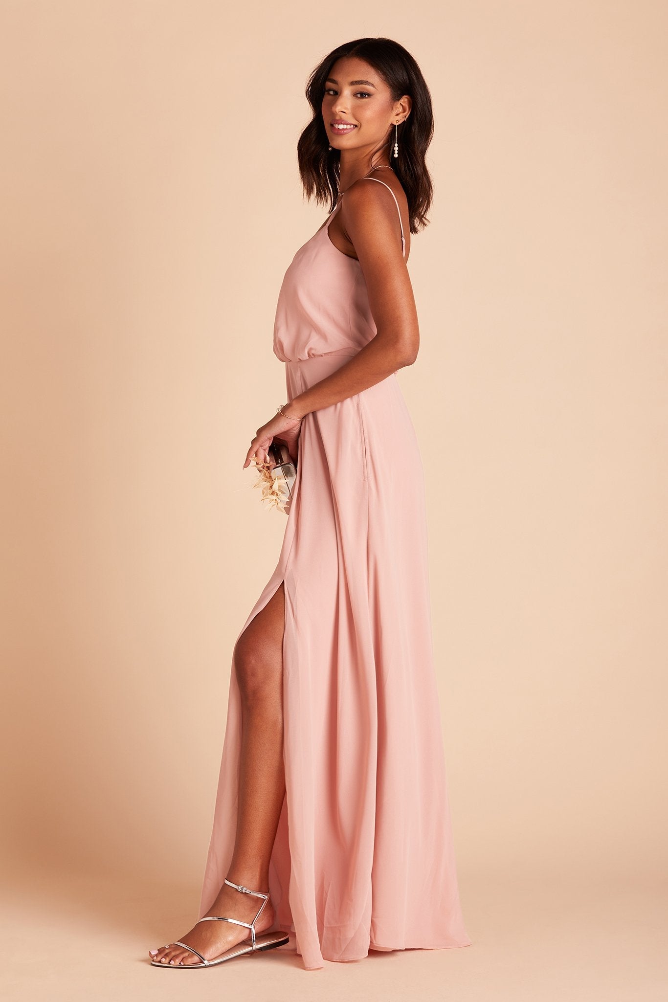 Gwennie bridesmaid dress with slit in dusty rose chiffon by Birdy Grey, side view