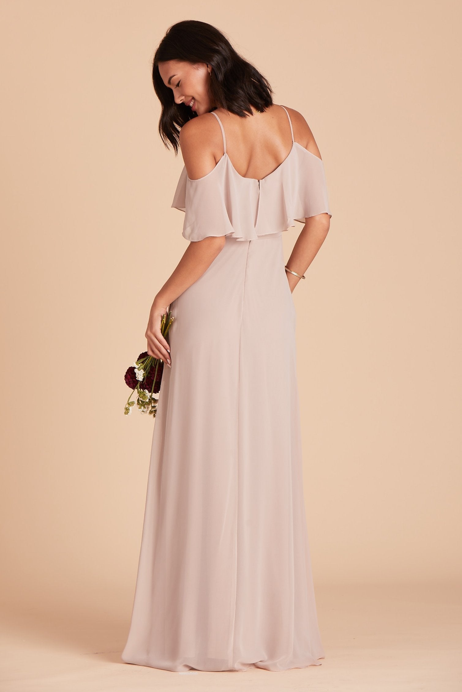 Jane convertible bridesmaid dress with slit in taupe chiffon by Birdy Grey, back view