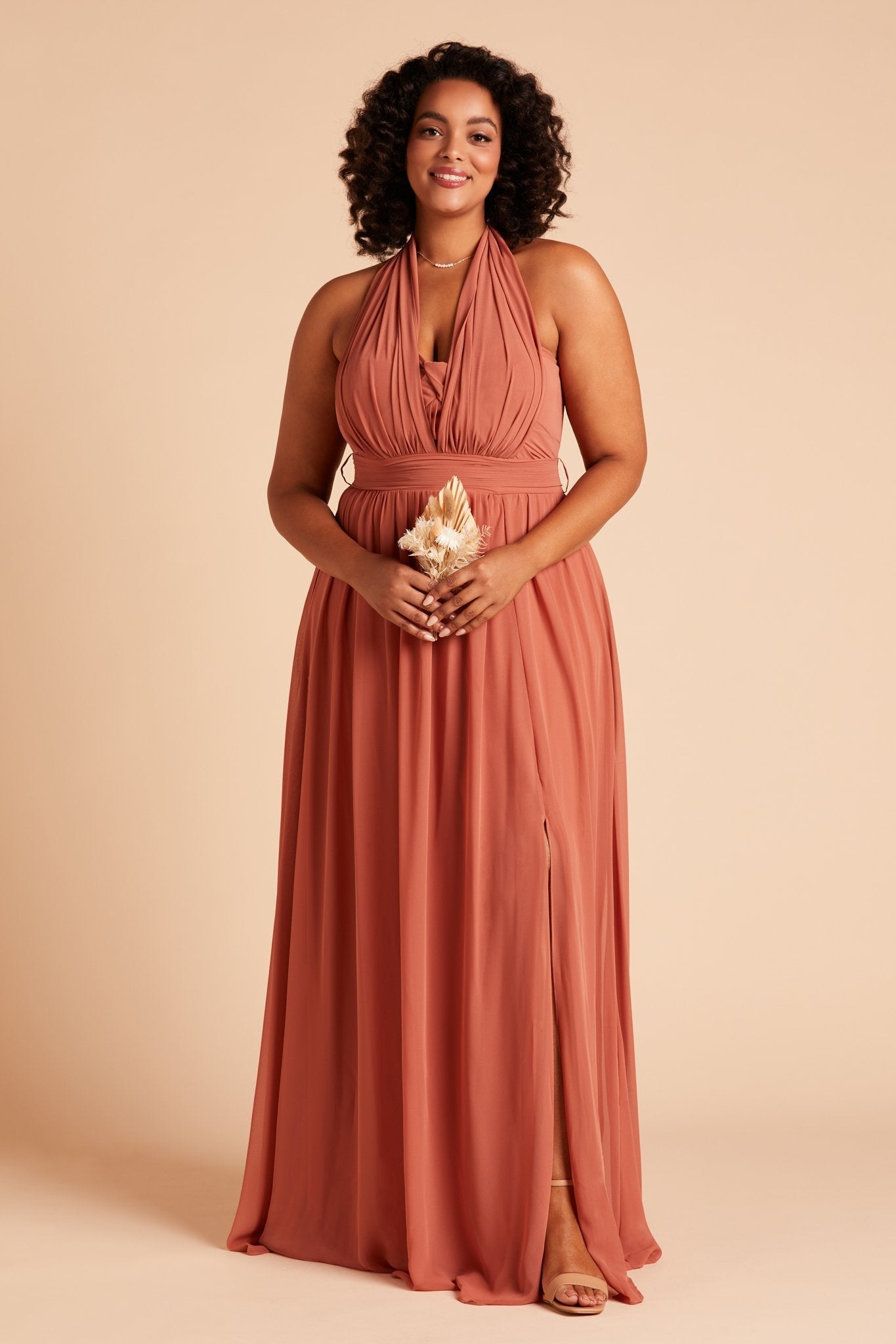 Grace convertible plus size bridesmaid dress with slit in terracotta orange chiffon by Birdy Grey, front view