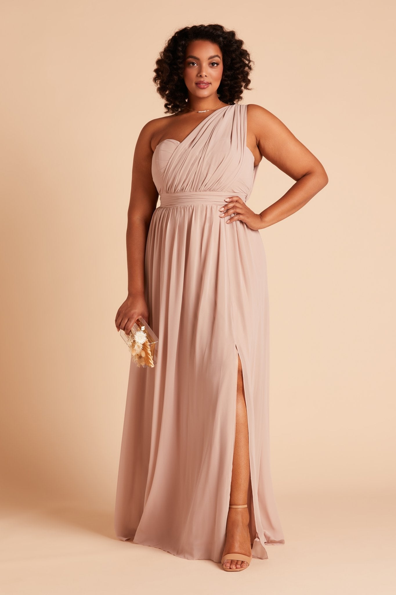 Grace convertible plus size bridesmaid dress with slit in taupe chiffon by Birdy Grey, front view