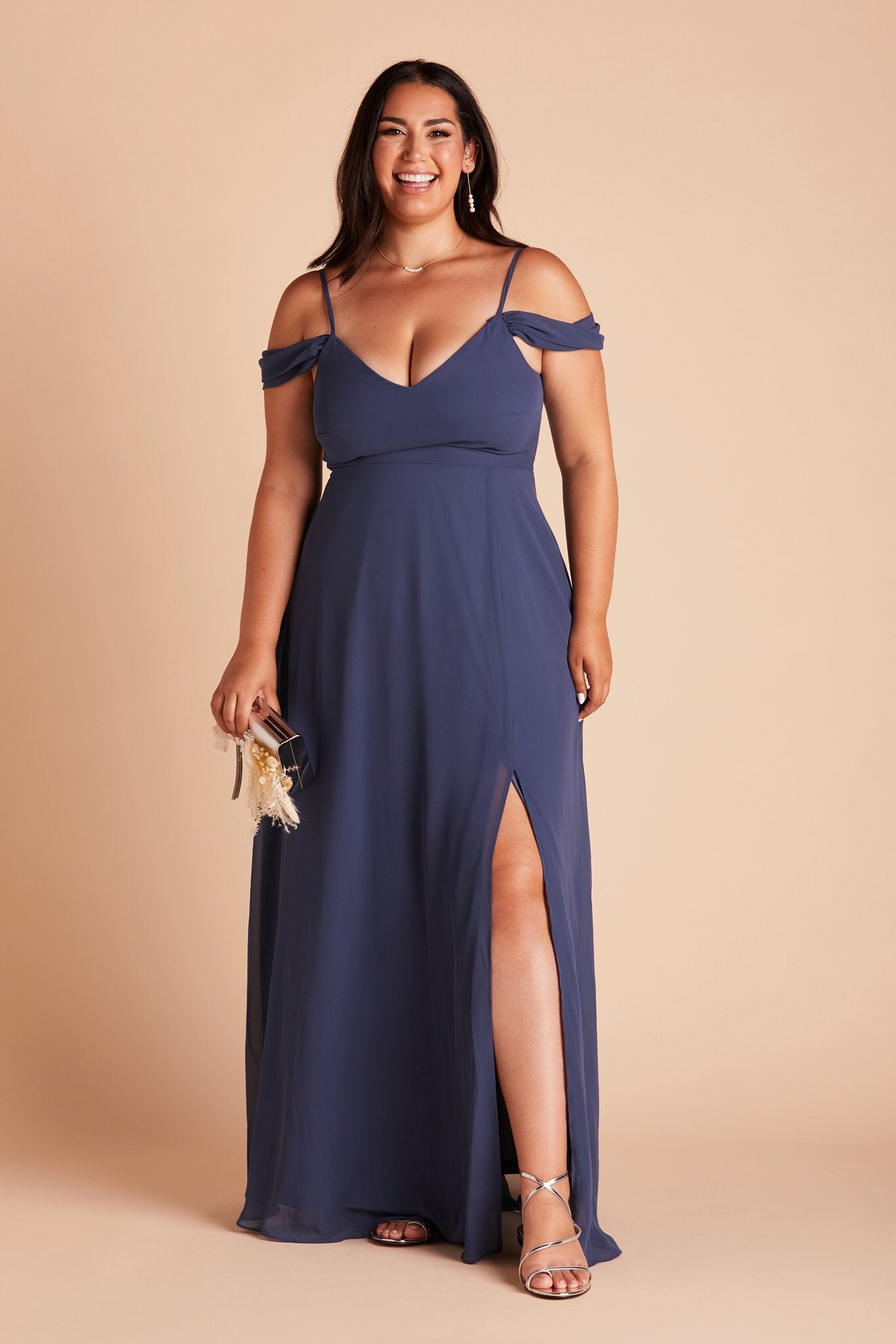 Devin convertible plus size bridesmaids dress with slit in slate blue chiffon by Birdy Grey, front view