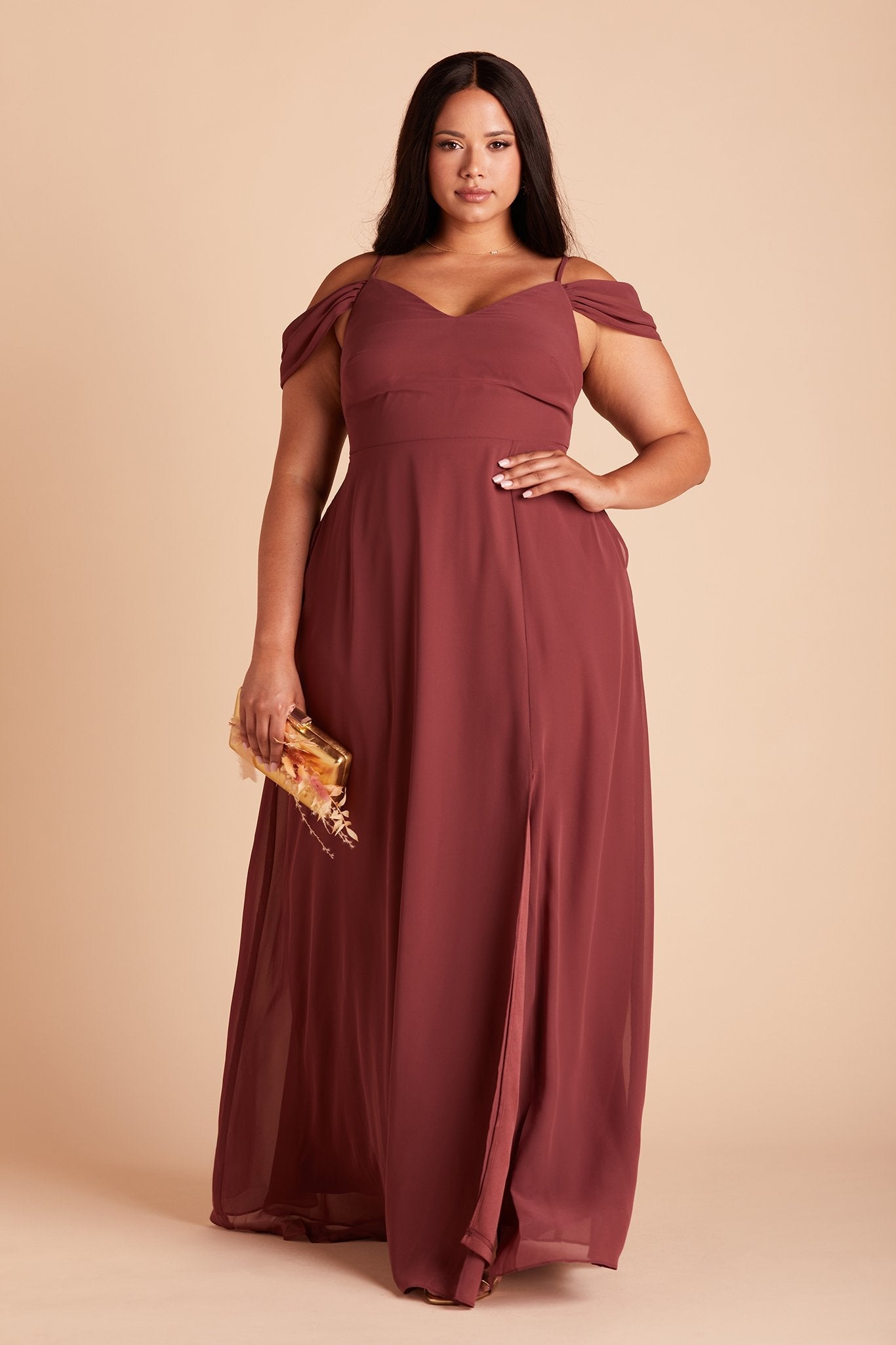 Devin convertible plus size bridesmaids dress with slit in rosewood chiffon by Birdy Grey, front view