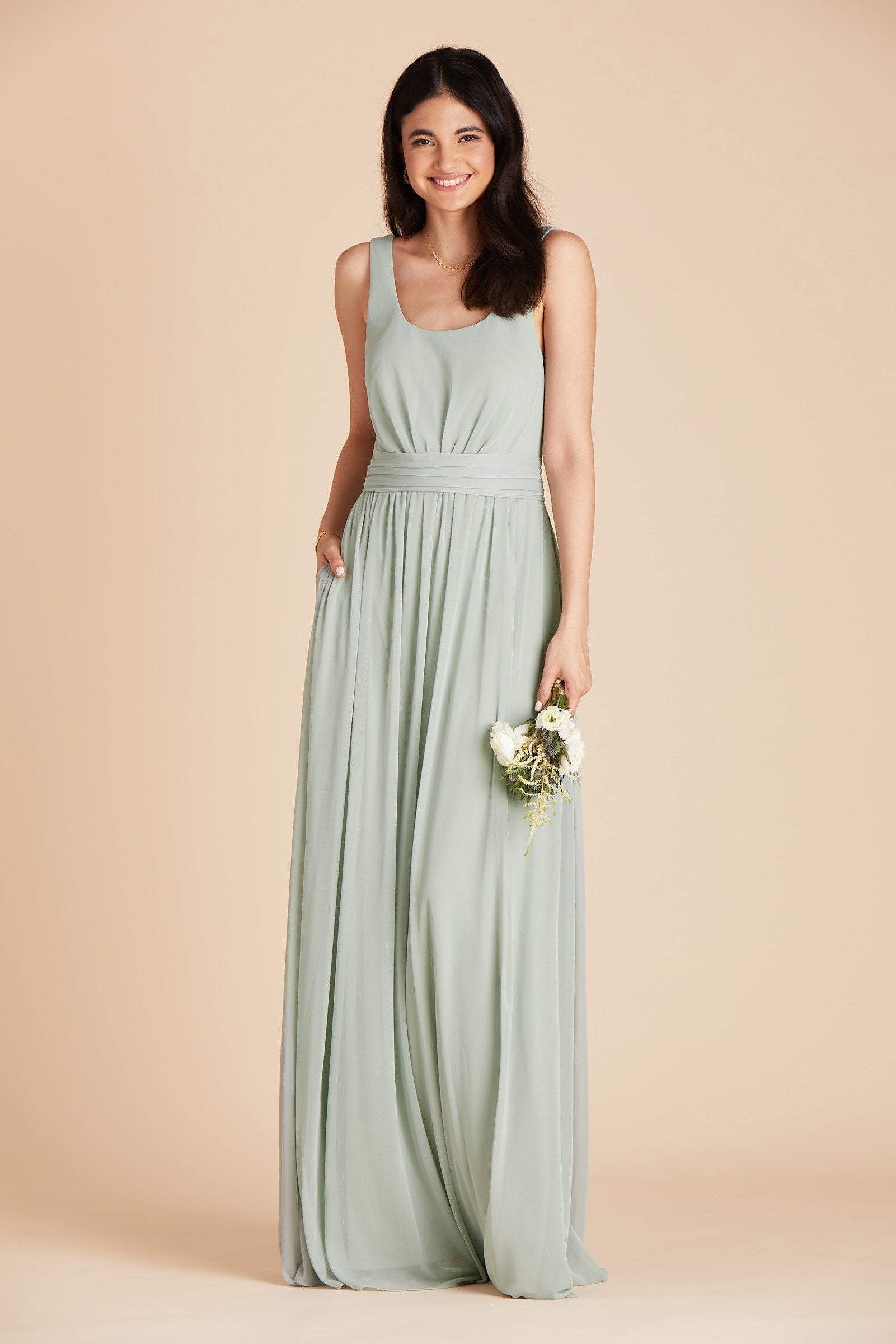 Jan bridesmaid dress in sage green mesh by Birdy Grey, front view