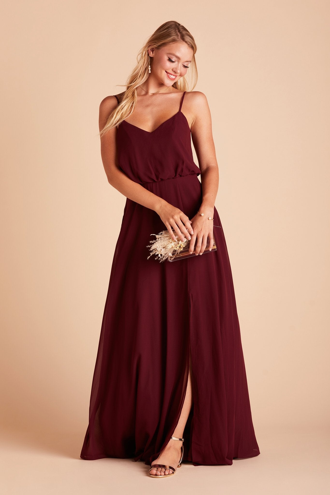 Gwennie bridesmaid dress with slit in cabernet burgundy chiffon by Birdy Grey, front view