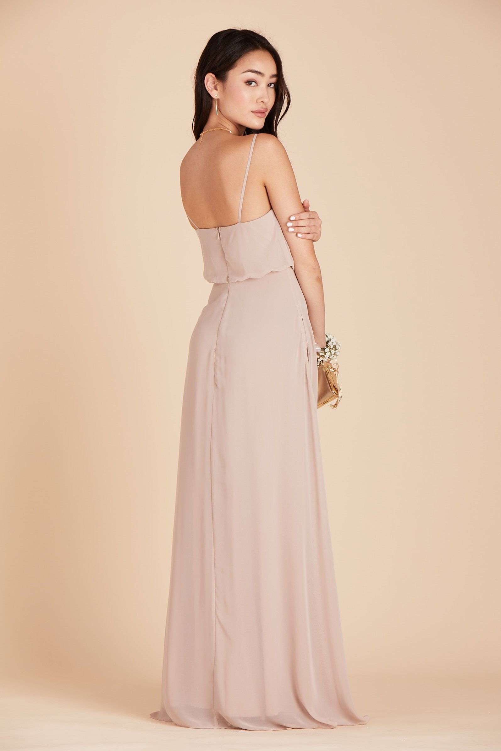 Gwennie bridesmaid dress in taupe chiffon by Birdy Grey, back view