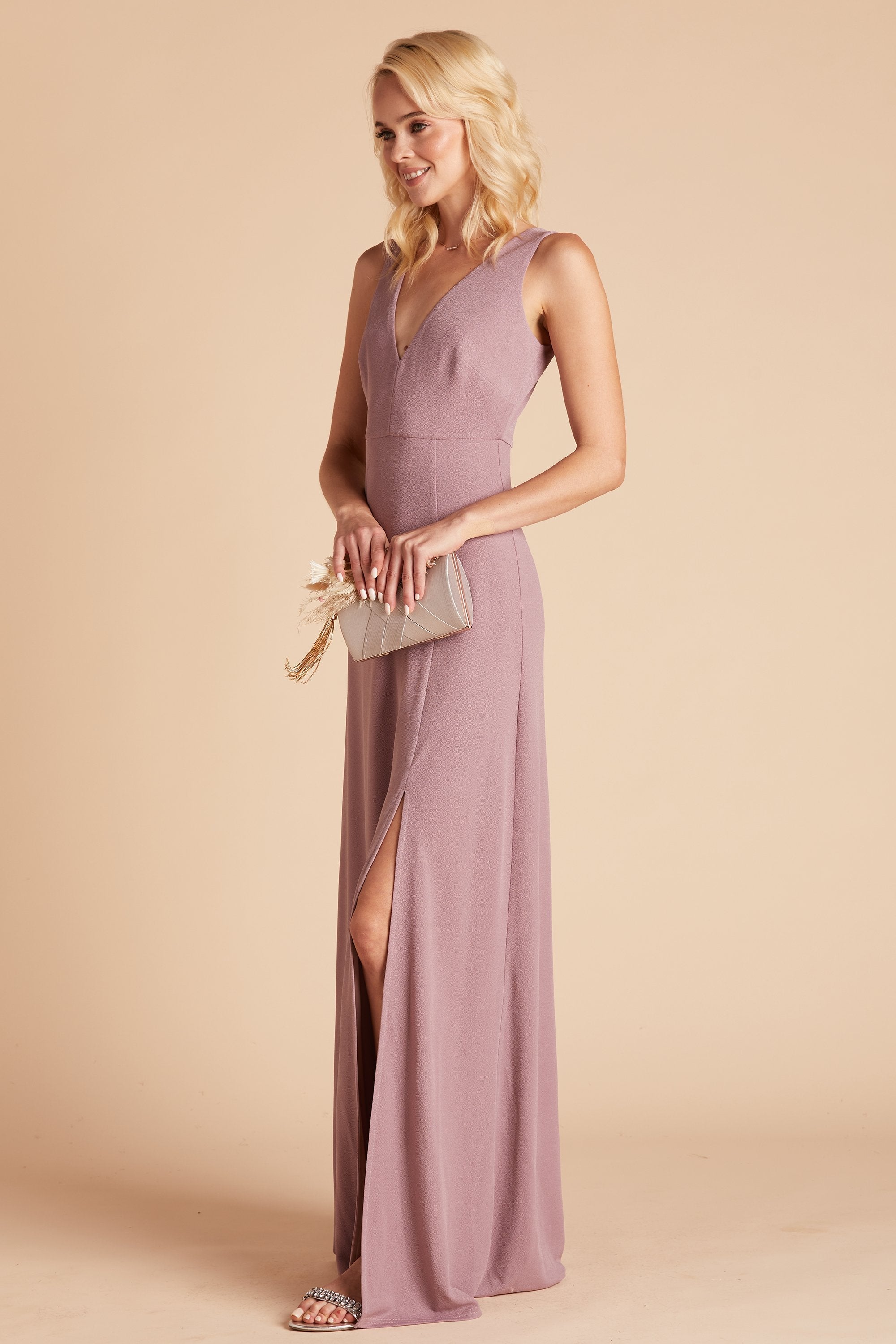 Shamin bridesmaid dress with slit in dark mauve crepe by Birdy Grey, side view