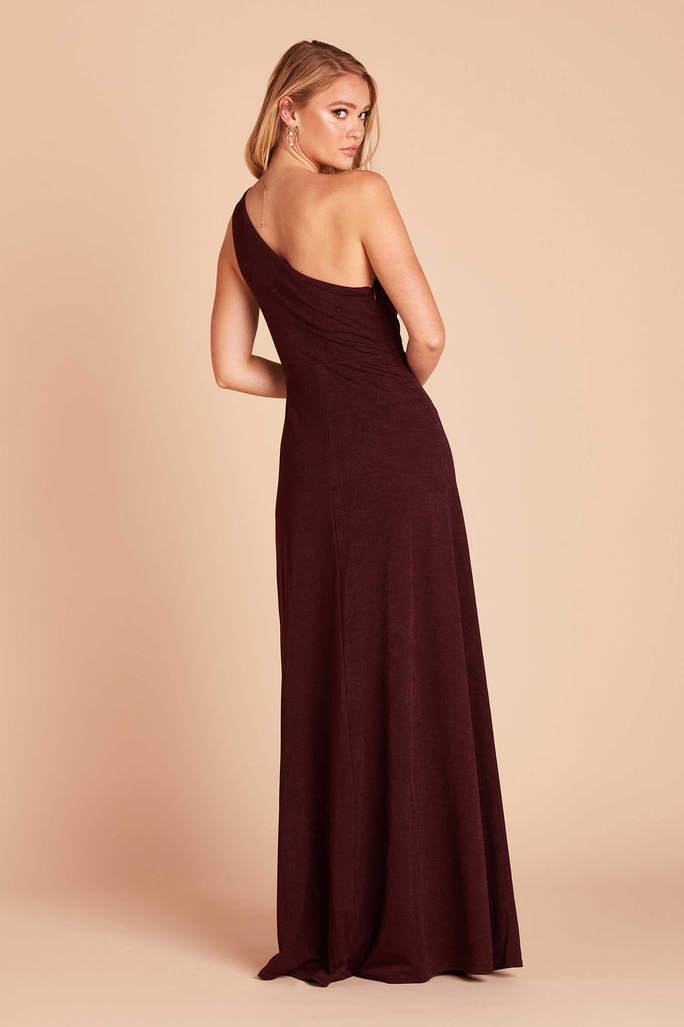 Kira bridesmaid dress with slit in cabernet burgundy crepe by Birdy Grey, back view