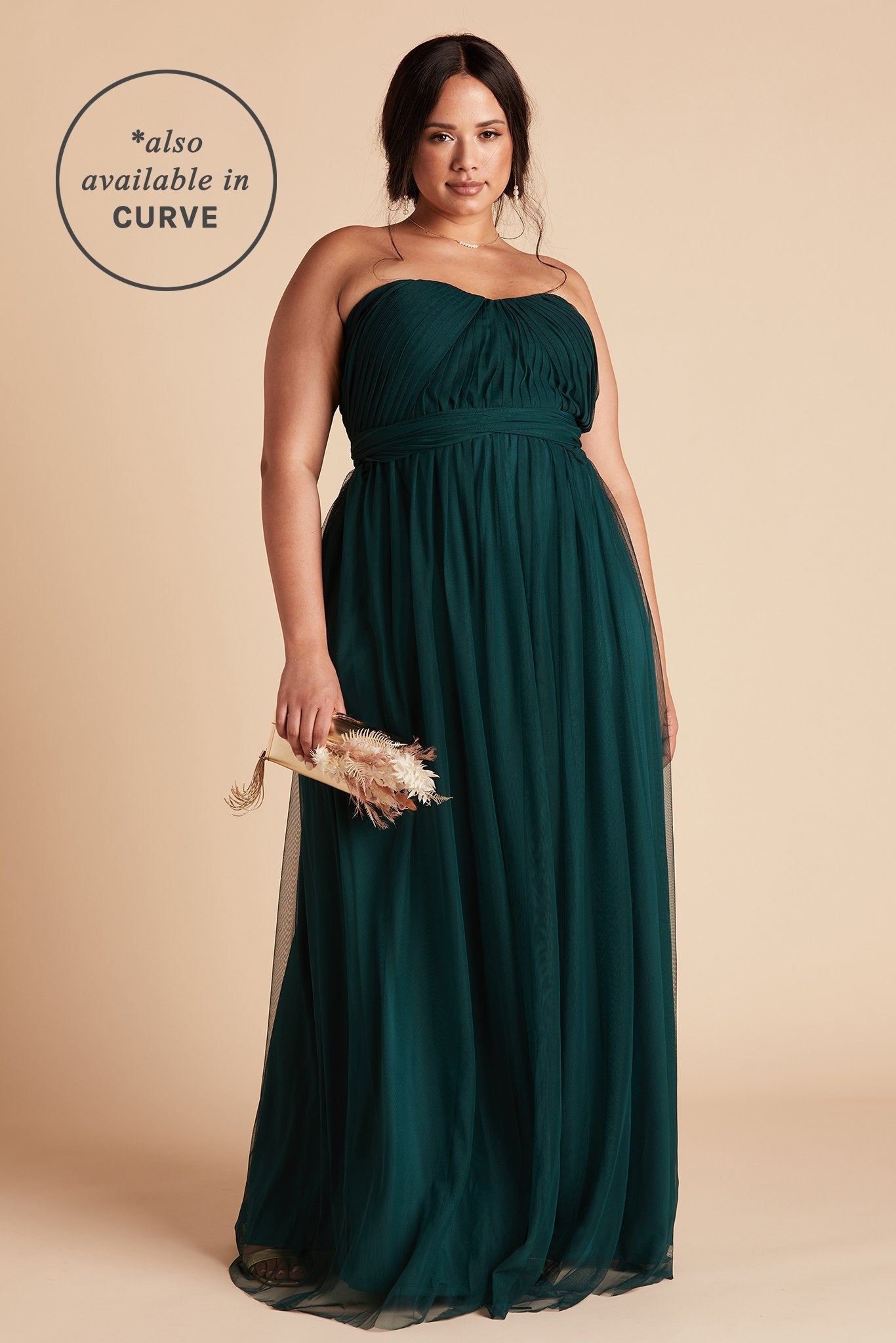 Christina convertible plus size bridesmaid dress in emerald green tulle by Birdy Grey, front view