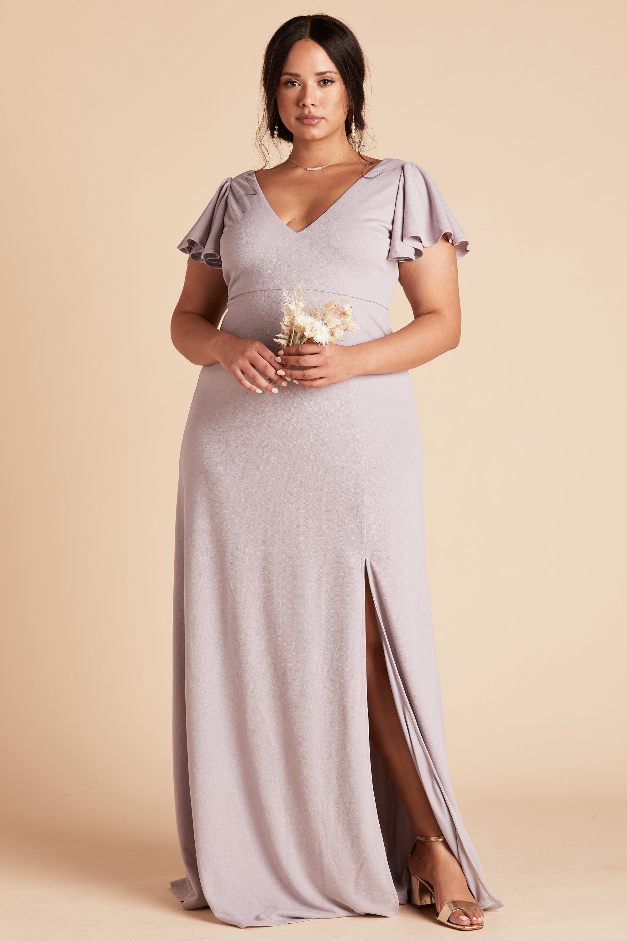 Hannah plus size bridesmaid dress with slit in lilac purple crepe by Birdy Grey, front view