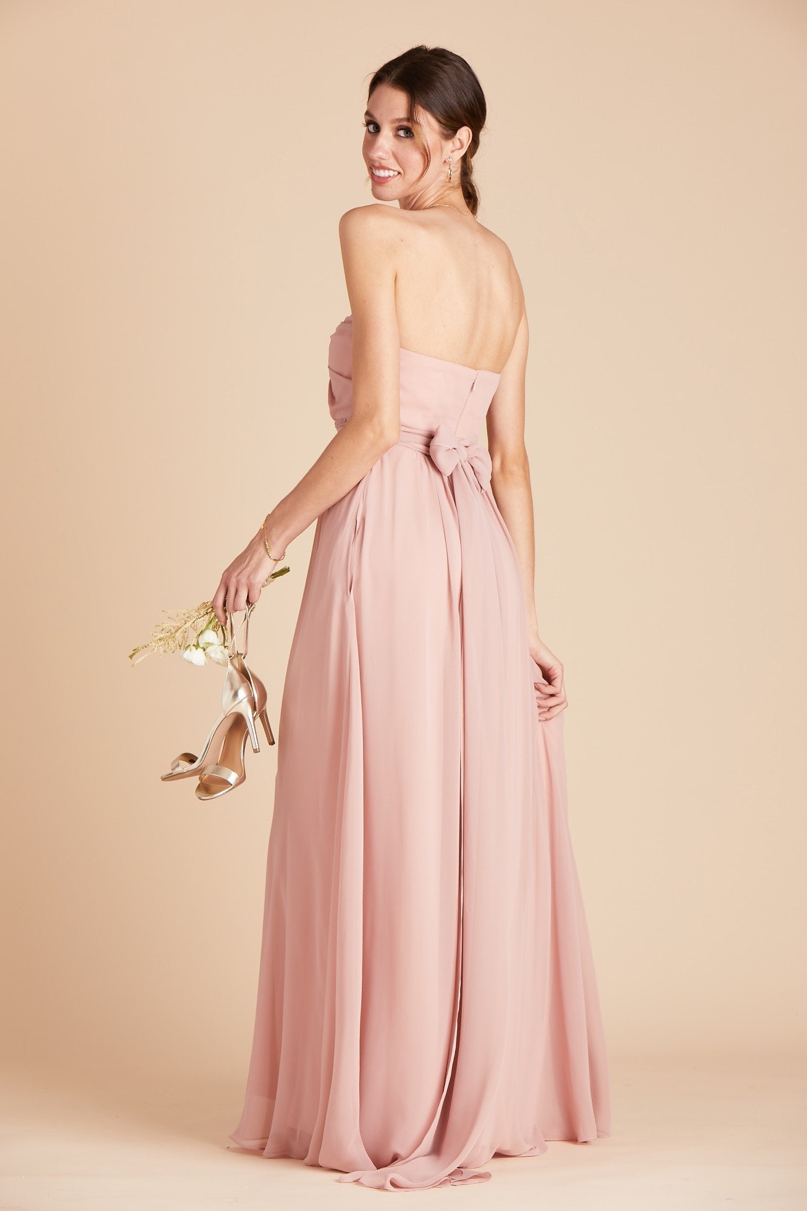 Grace convertible bridesmaid dress in rose quartz pink chiffon by Birdy Grey, side view