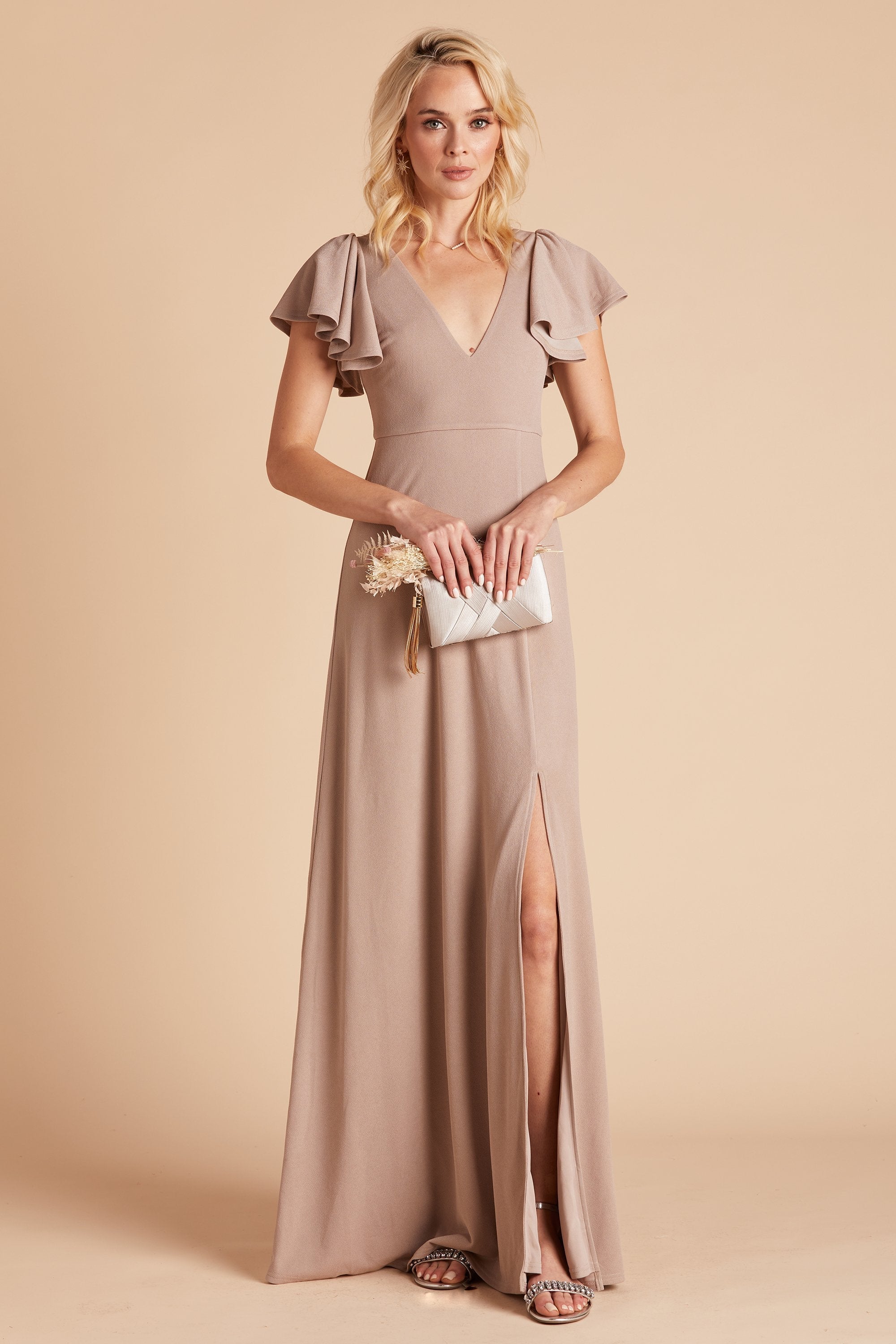 Hannah bridesmaid dress with slit in taupe crepe by Birdy Grey, front view