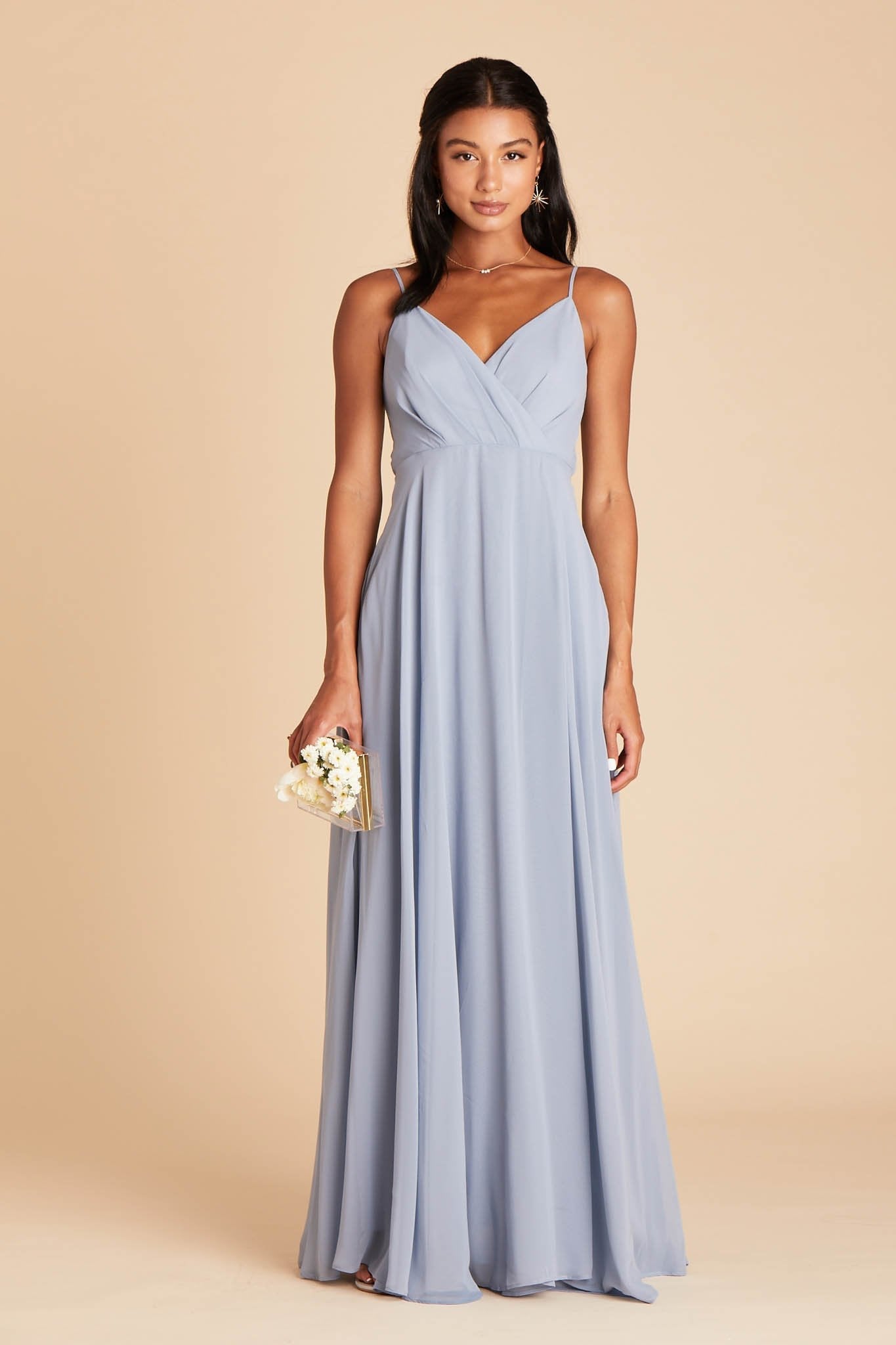 Kaia bridesmaids dress in dusty blue chiffon by Birdy Grey, front view