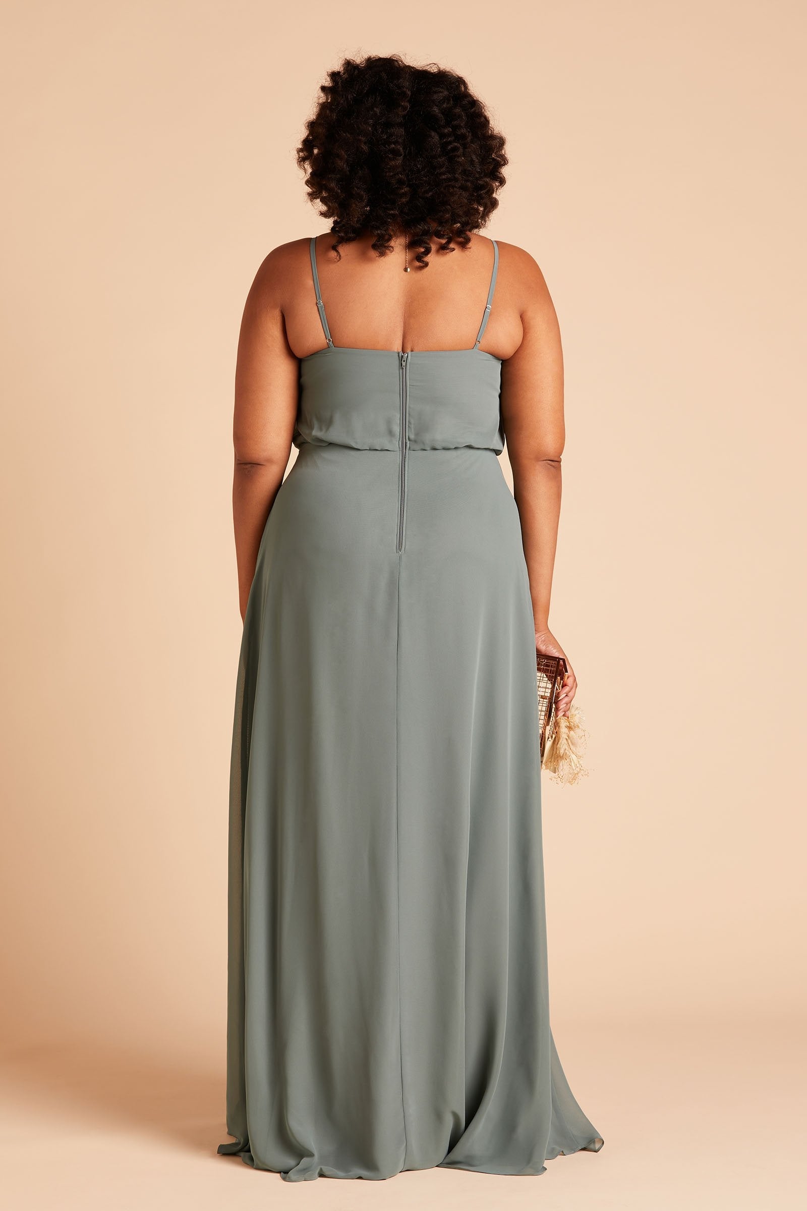 Gwennie plus size bridesmaid dress in sea glass green chiffon by Birdy Grey, back view