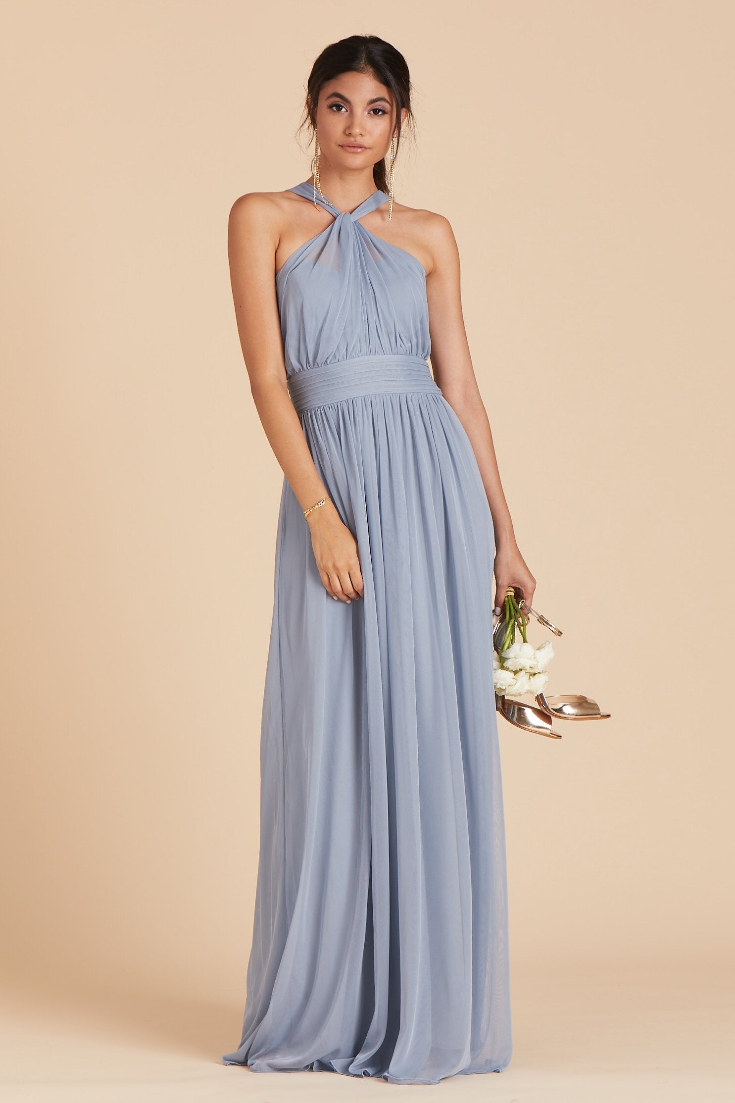 Kikp bridesmaid dress in dusty blue chiffon by Birdy Grey, front view