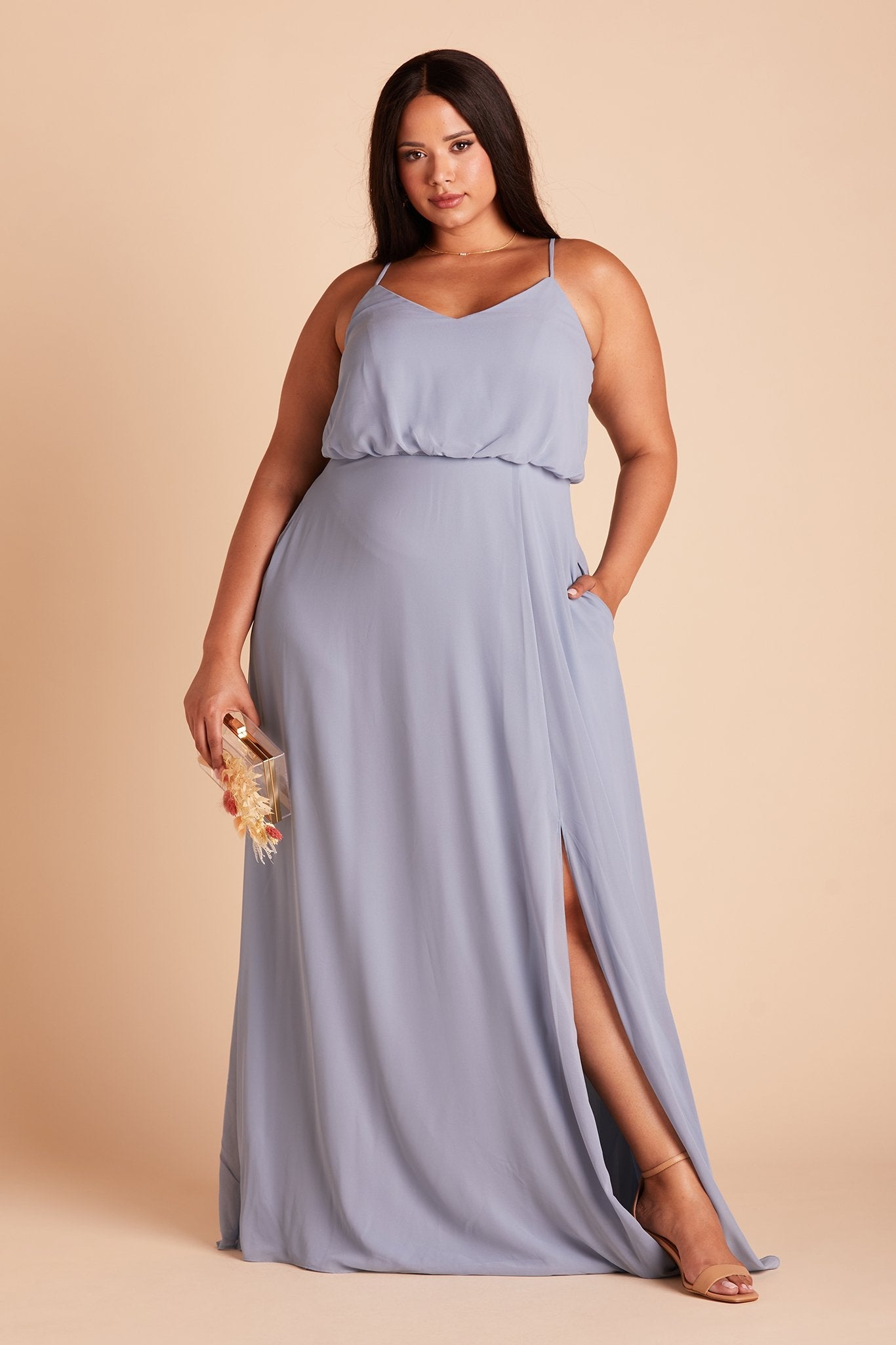 Gwennie plus size bridesmaid dress with slit in dusty blue chiffon by Birdy Grey, front view