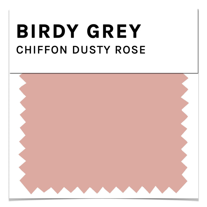 Front closeup view of the Birdy Grey color swatch card for chiffon fabric in dusty rose. The dusty rose color is a muted medium pink.